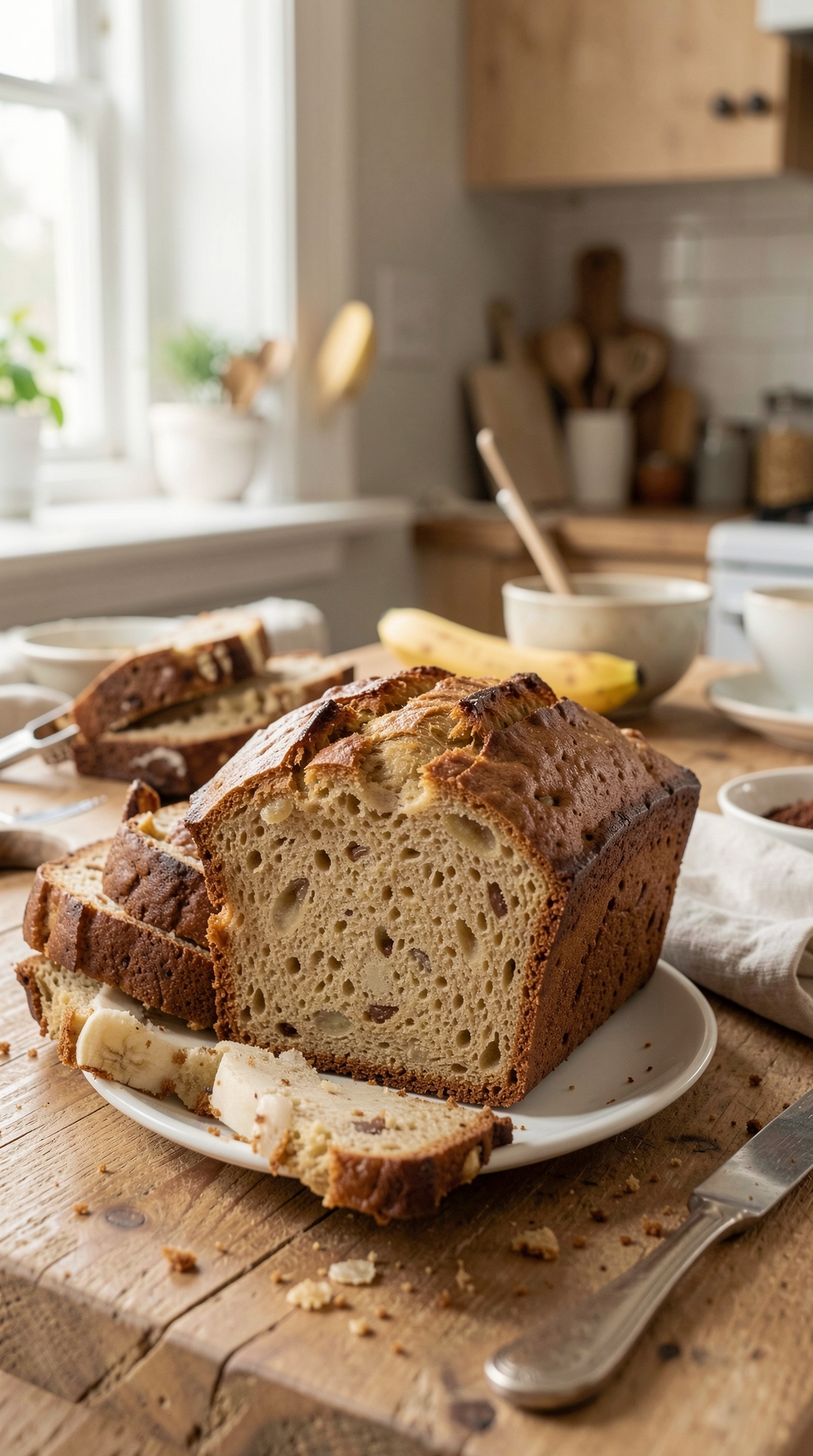 How To Improve Banana Bread For Even Browning featured image showing banana bread in a real home kitchen