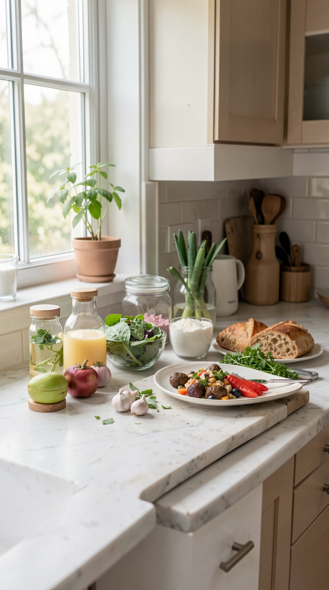 How To Streamline Small Kitchen Counters For Less Food Waste featured image showing small kitchen counters in a real home kitchen