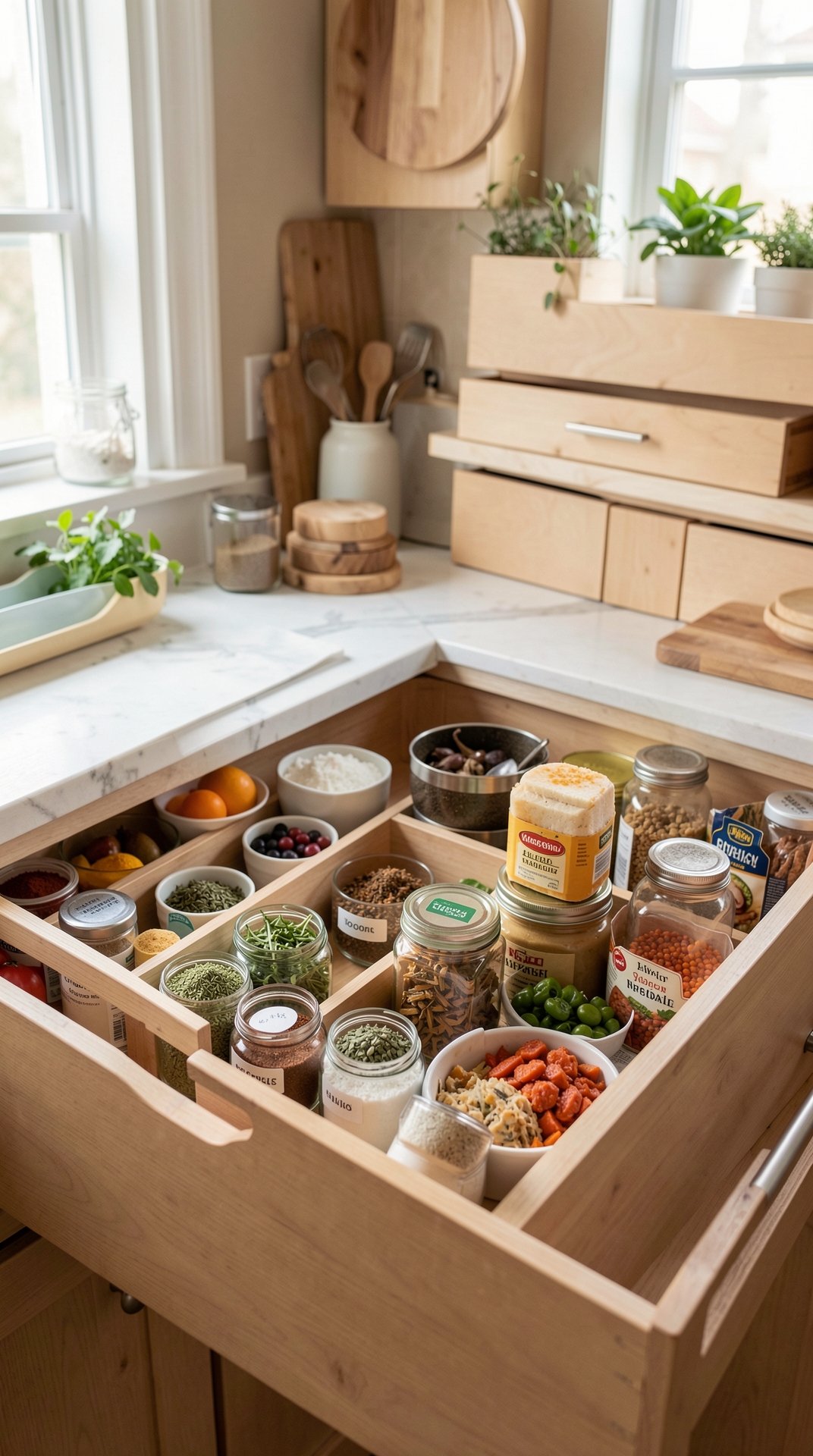 How To Streamline Spice Drawers For Less Food Waste featured image showing spice drawers in a real home kitchen