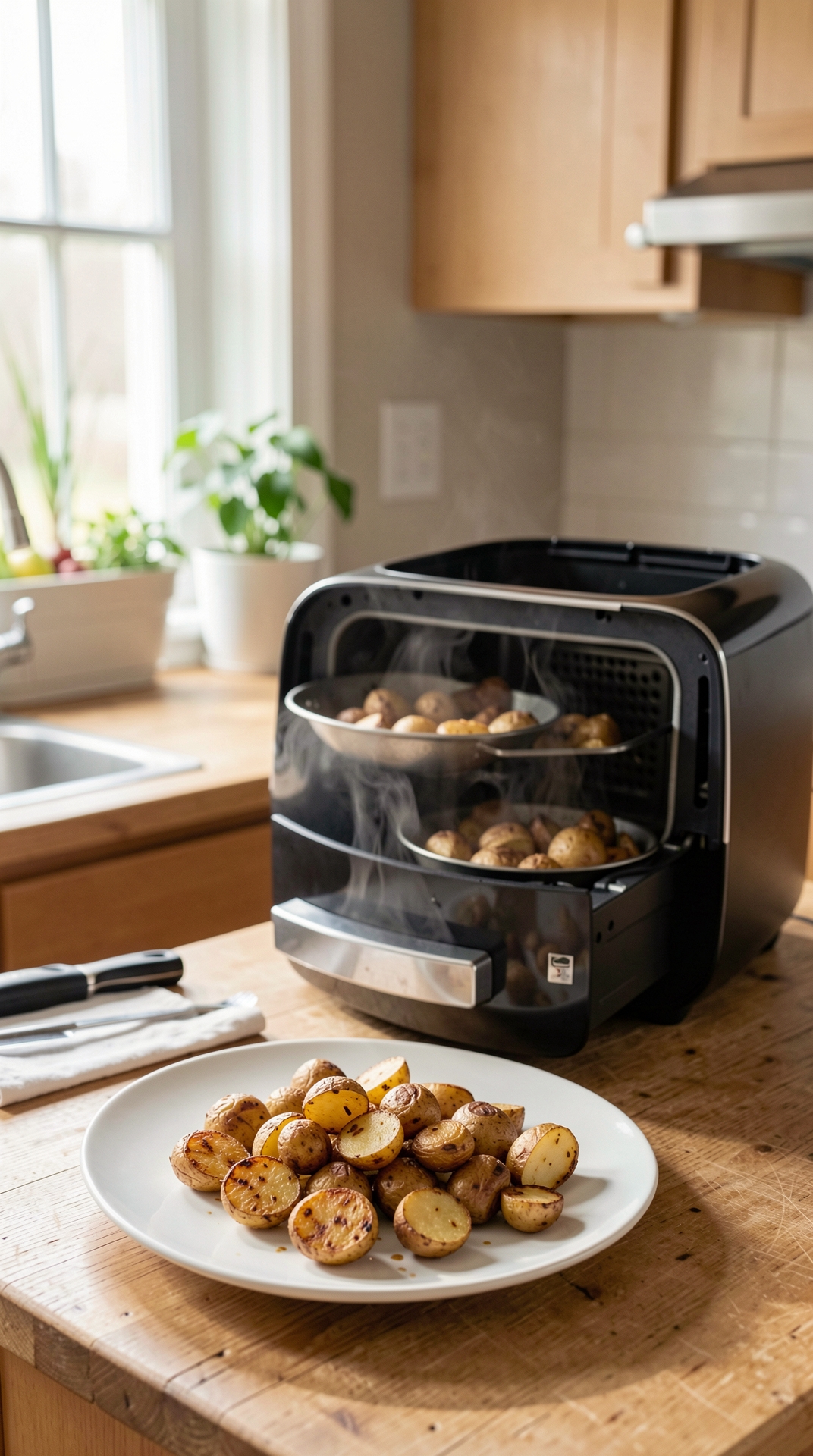 Step-By-Step Guide To Air Frying Potatoes For Better Browning featured image showing air frying potatoes in a real home kitchen