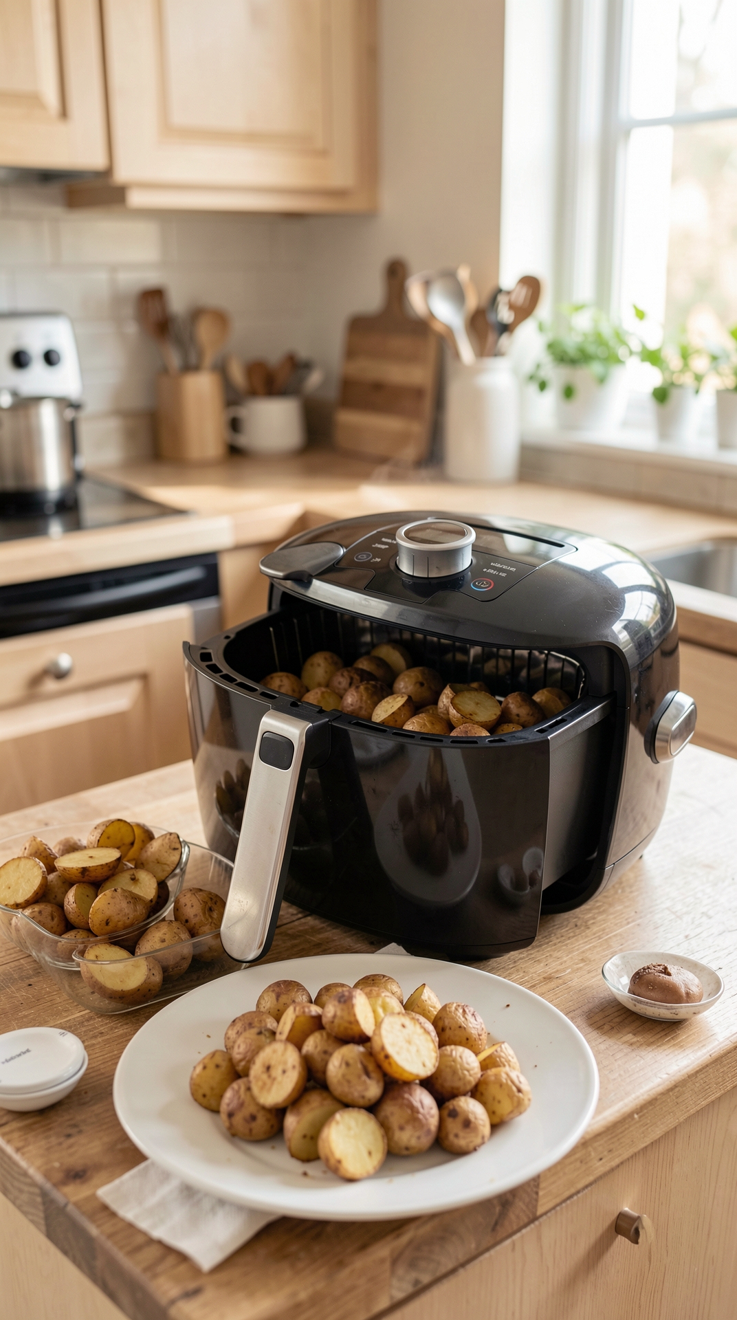 Step-By-Step Guide To Air Frying Potatoes For Better Browning featured image showing air frying potatoes in a real home kitchen