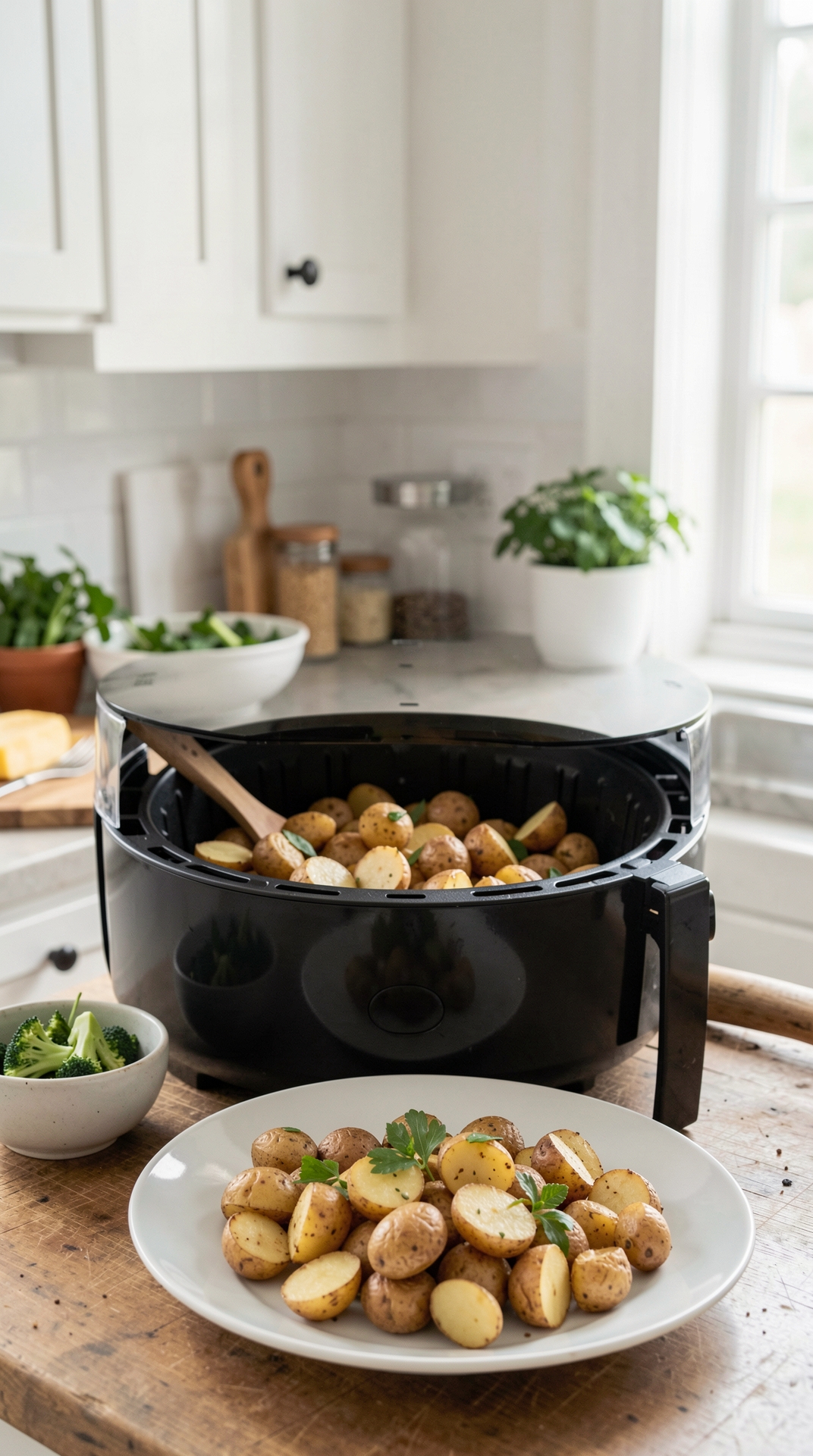 Step-By-Step Guide To Air Frying Potatoes For Less Guesswork featured image showing air frying potatoes in a real home kitchen