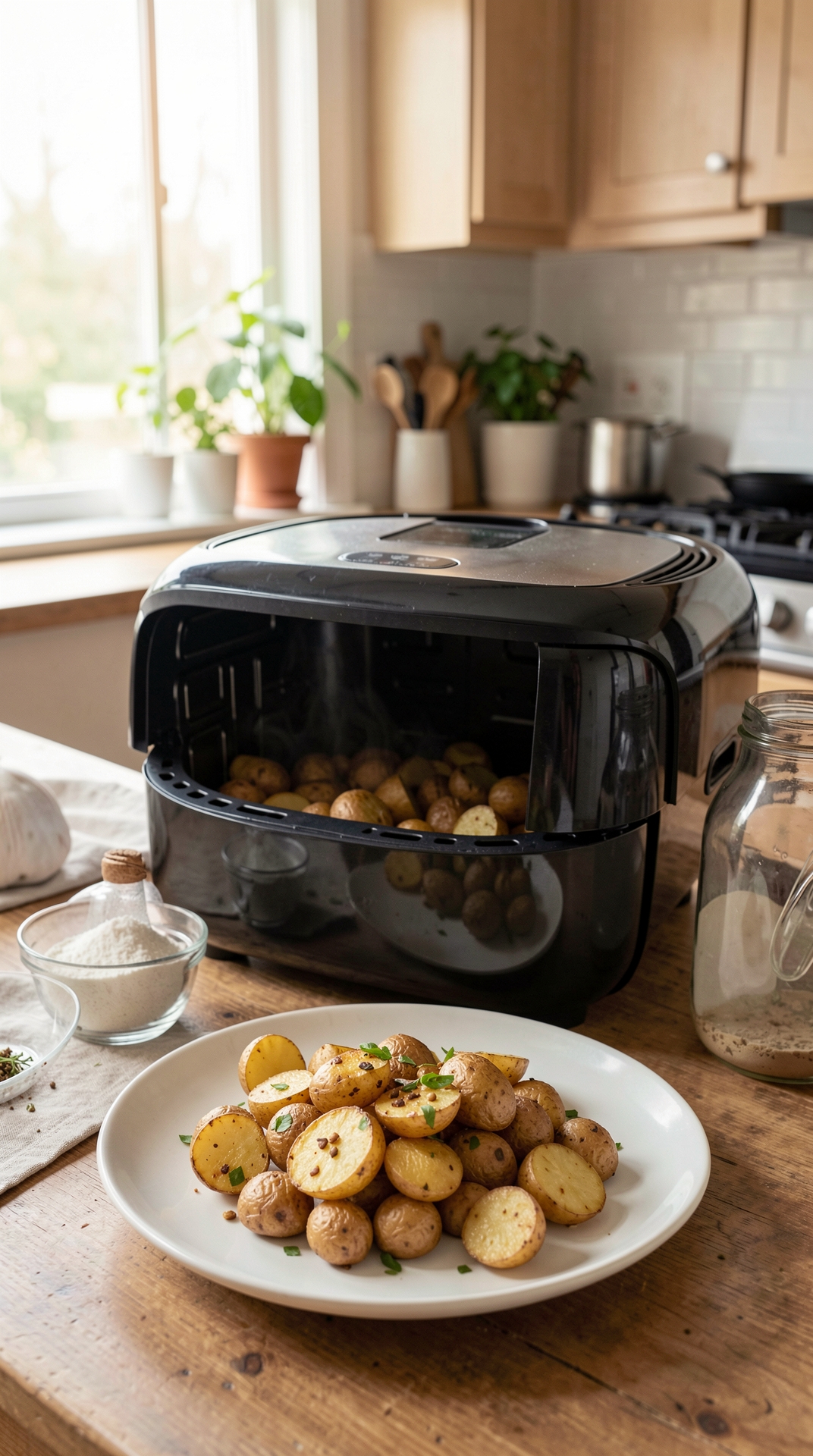 Step-By-Step Guide To Air Frying Potatoes For More Flavor Development featured image showing air frying potatoes in a real home kitchen