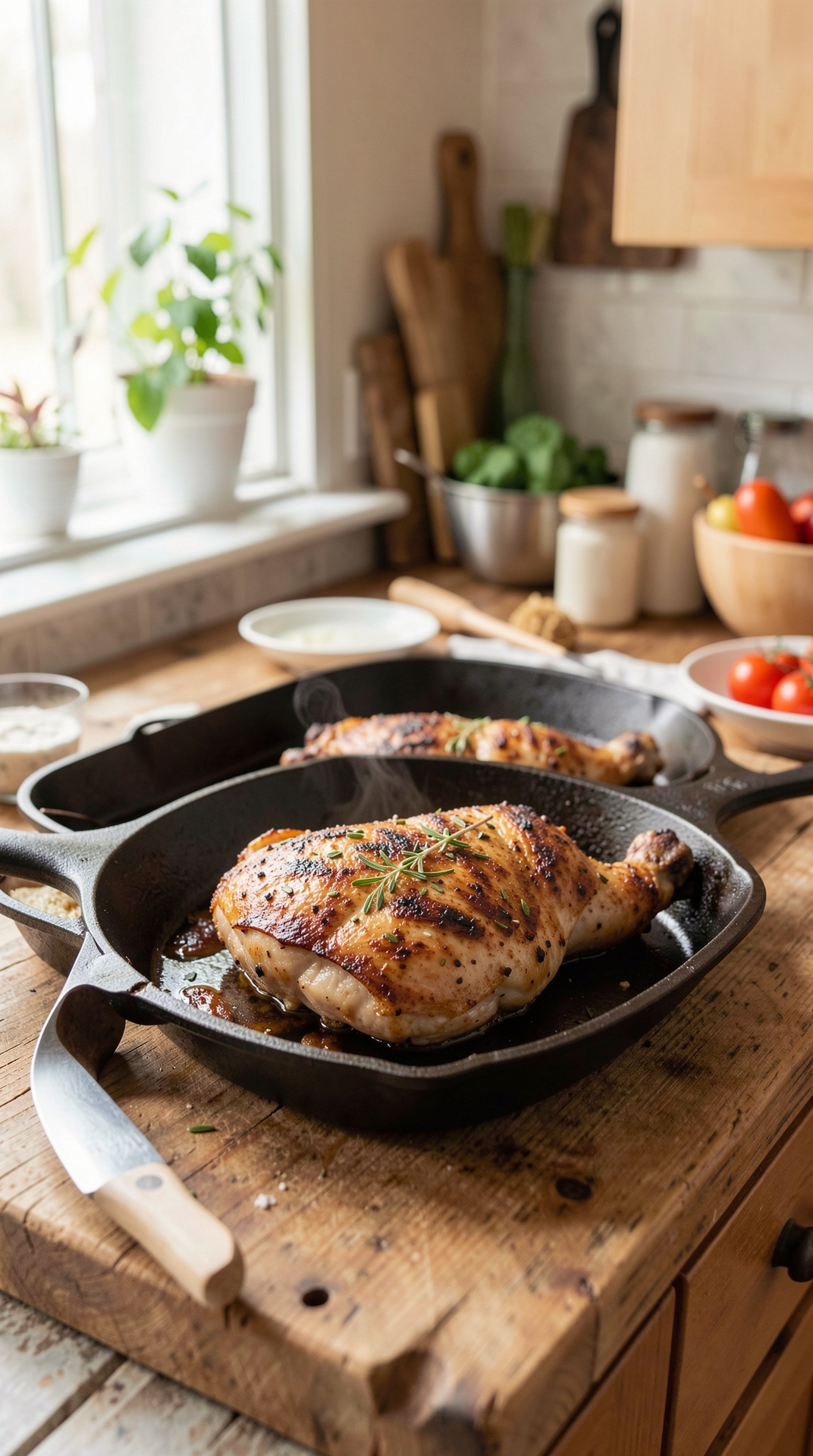 Step-By-Step Guide To Pan-Searing Chicken For More Flavor Development featured image showing pan-searing chicken in a real home kitchen
