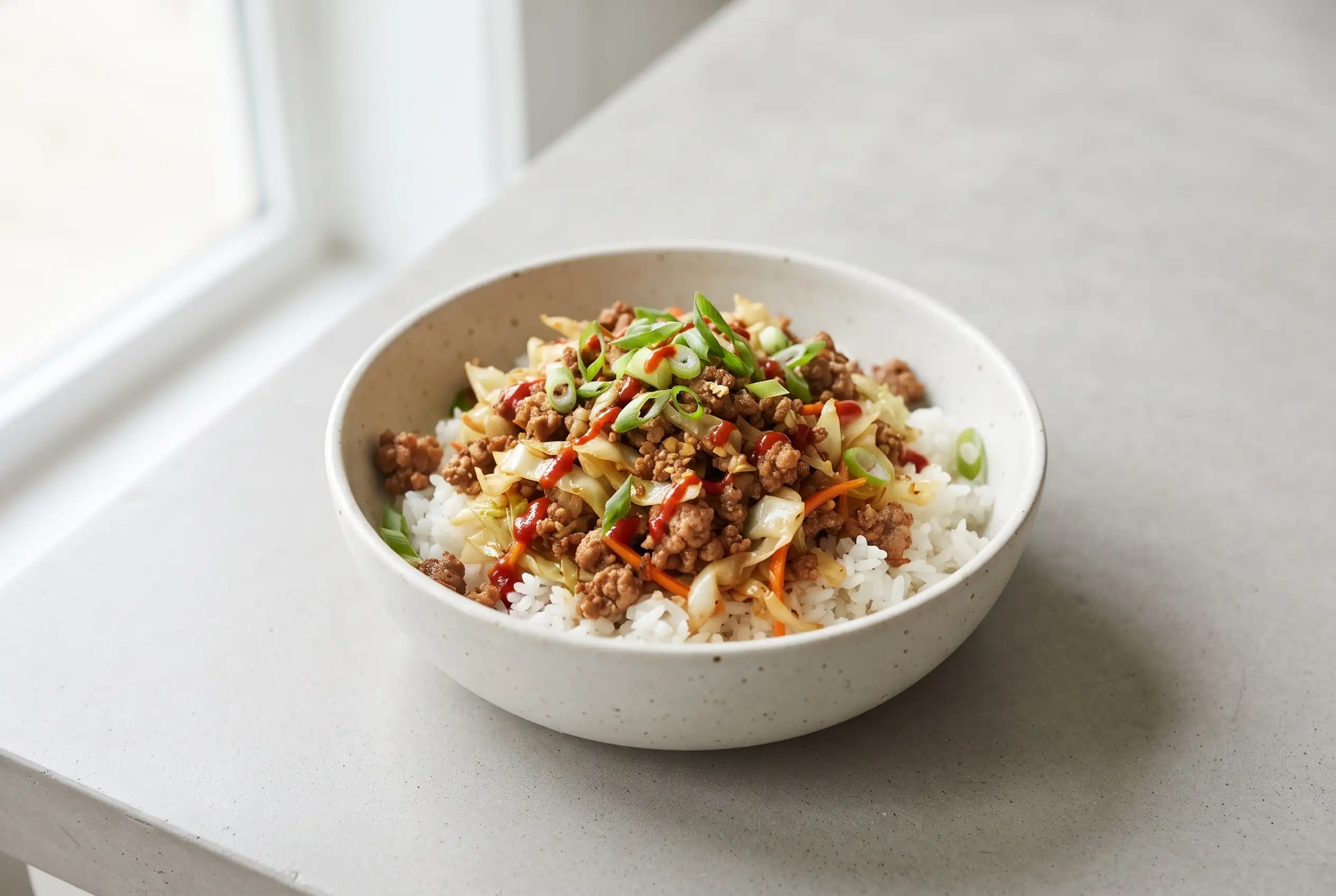 Egg Roll in a Bowl with Rice Egg roll in a bowl with ground pork, cabbage, carrots, rice, green onions, and Sriracha