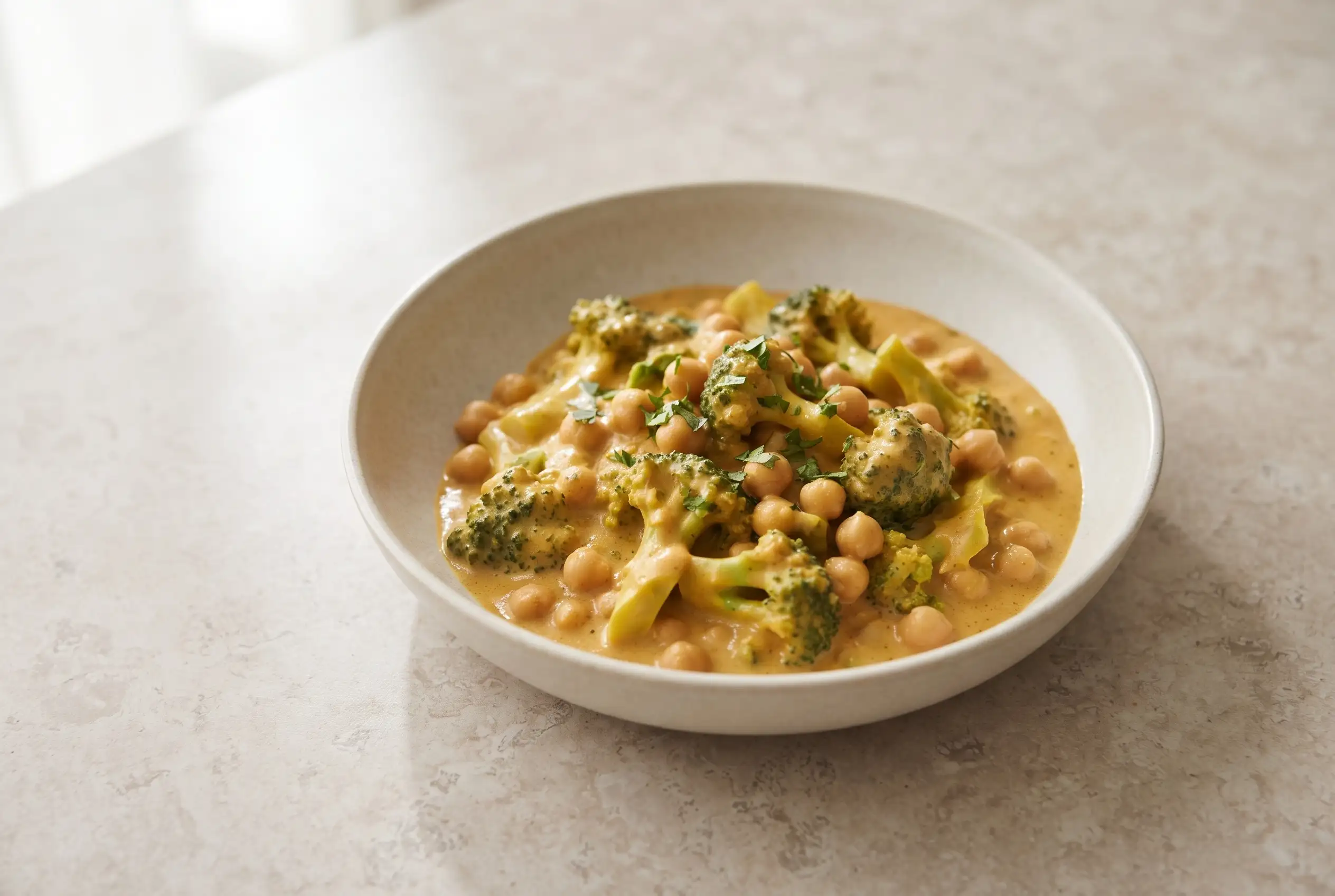 Creamy coconut curry with broccoli and chickpeas in a ceramic bowl