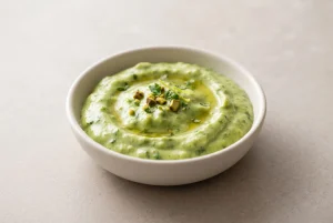 Creamy green sauce with avocado, lime, herbs, and pistachios in a ceramic bowl