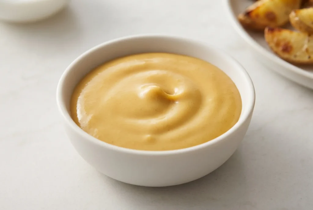 Smooth honey mustard sauce in a ceramic bowl with a thick golden-yellow texture