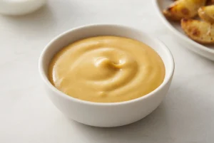 Smooth honey mustard sauce in a ceramic bowl with a thick golden-yellow texture