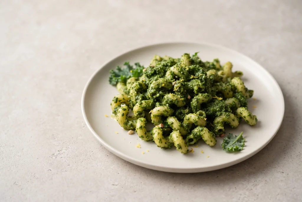 Vegan kale pesto coating pasta on a plate with visible almond flecks and fresh green texture