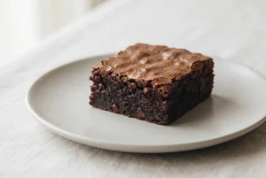 Fudgy espresso brownie square with a crackled top and dense cocoa interior on a ceramic plate