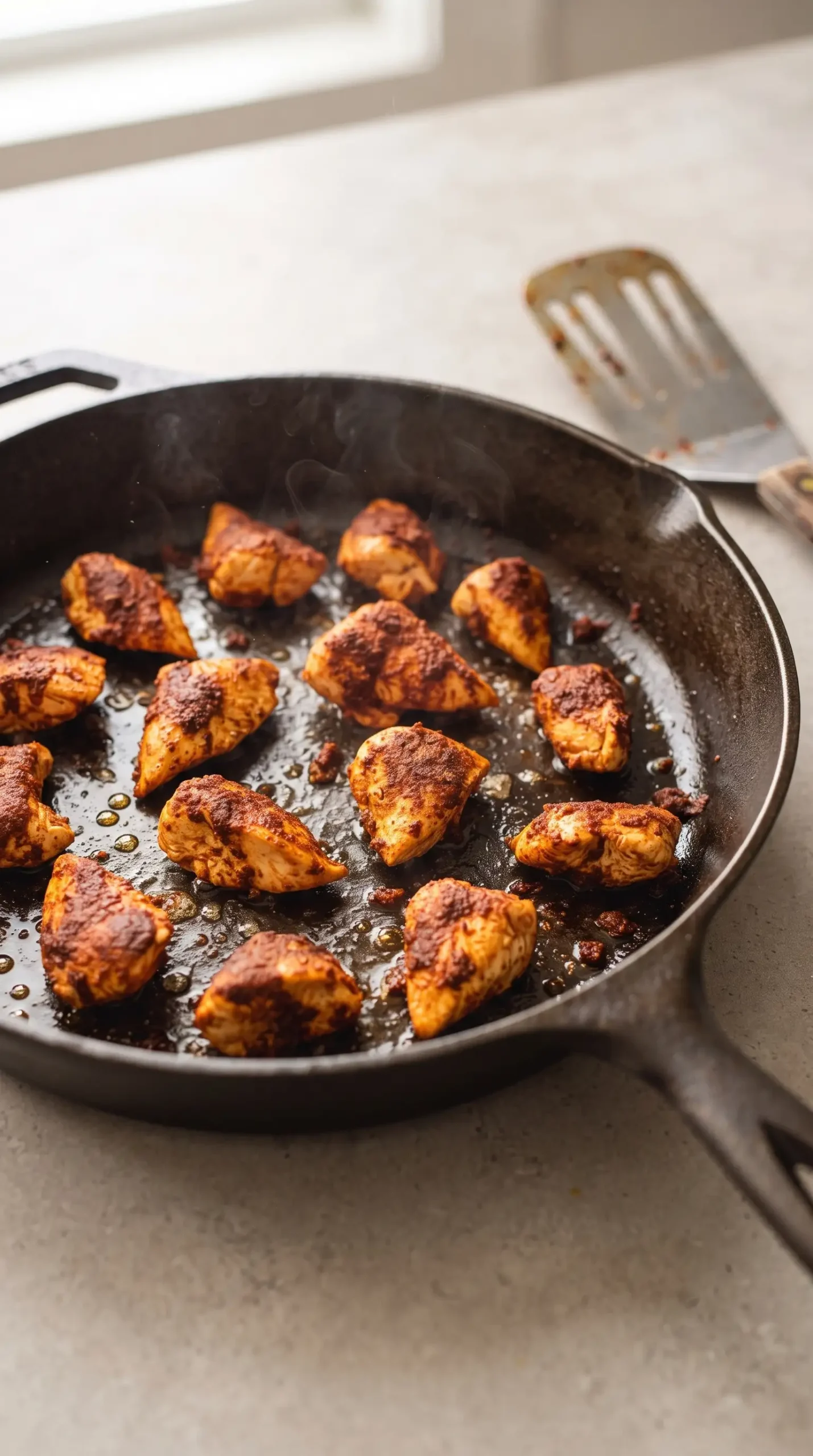 Seasoned chicken pieces browning in a skillet for ancho chicken tacos