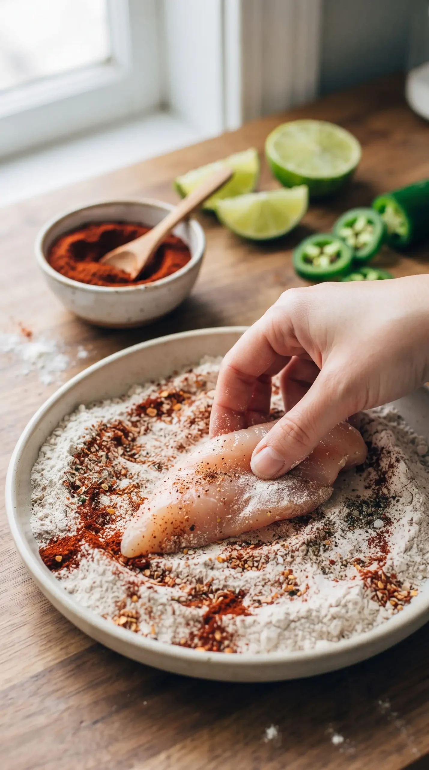 Chicken pieces coated with ancho chili flour seasoning for tacos