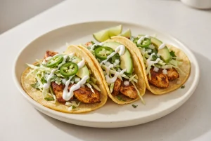 Ancho chicken tacos with corn tortillas, browned chicken, cabbage, cilantro, avocado, and lime