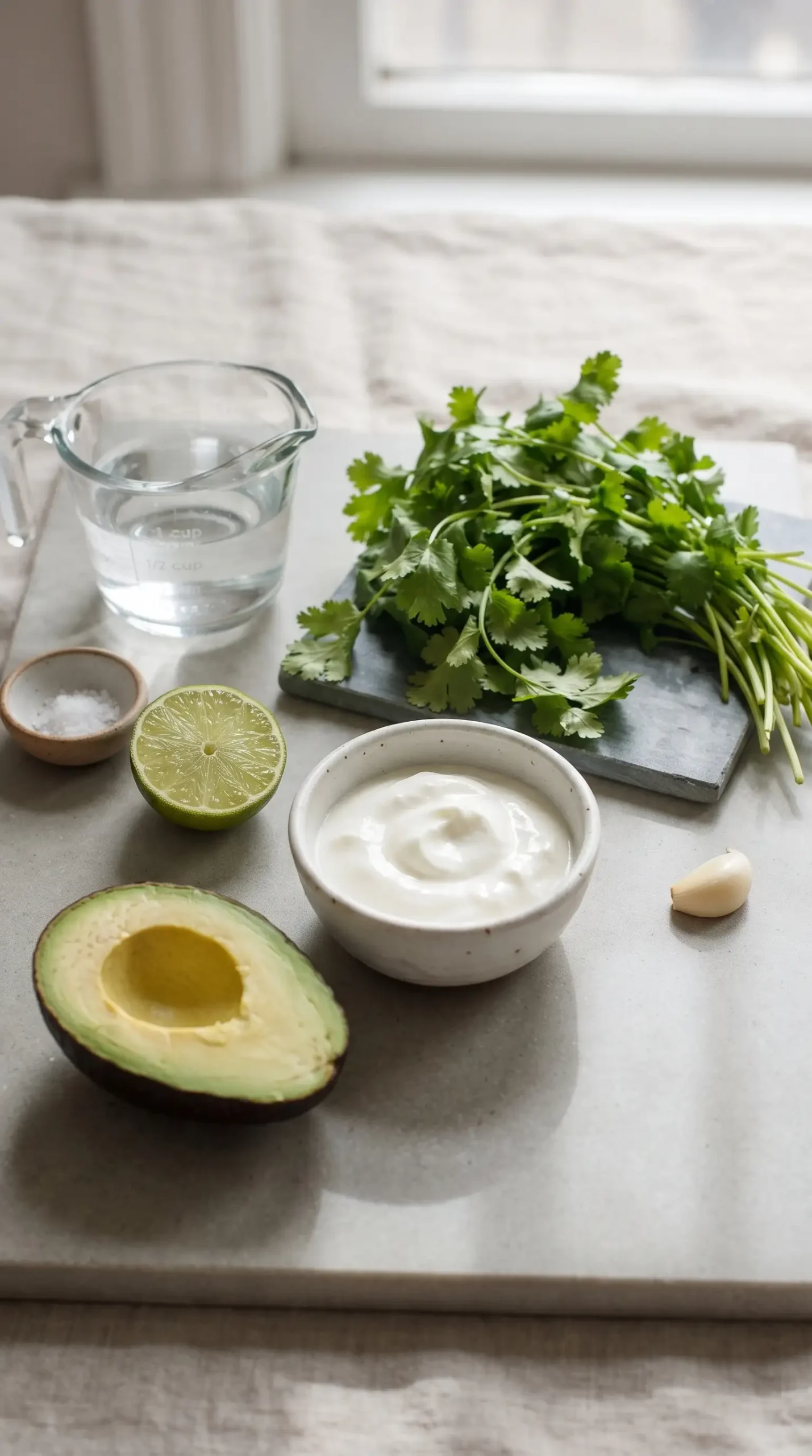 Avocado, Greek yogurt, cilantro, lime, garlic, salt, and water for avocado cilantro dressing