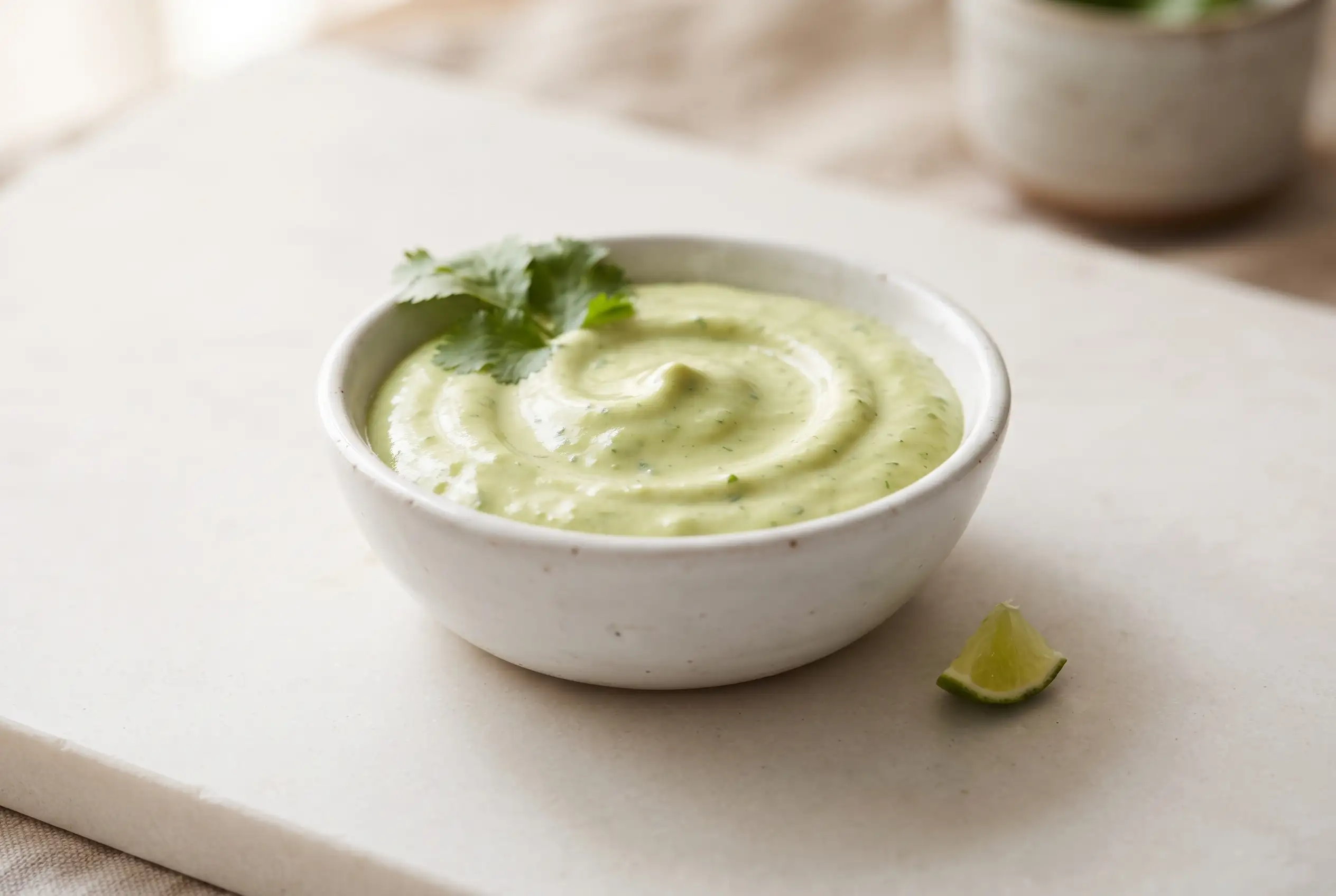 Avocado Cilantro Dressing Bowl Creamy avocado cilantro dressing in a bowl with fresh cilantro and lime garnish