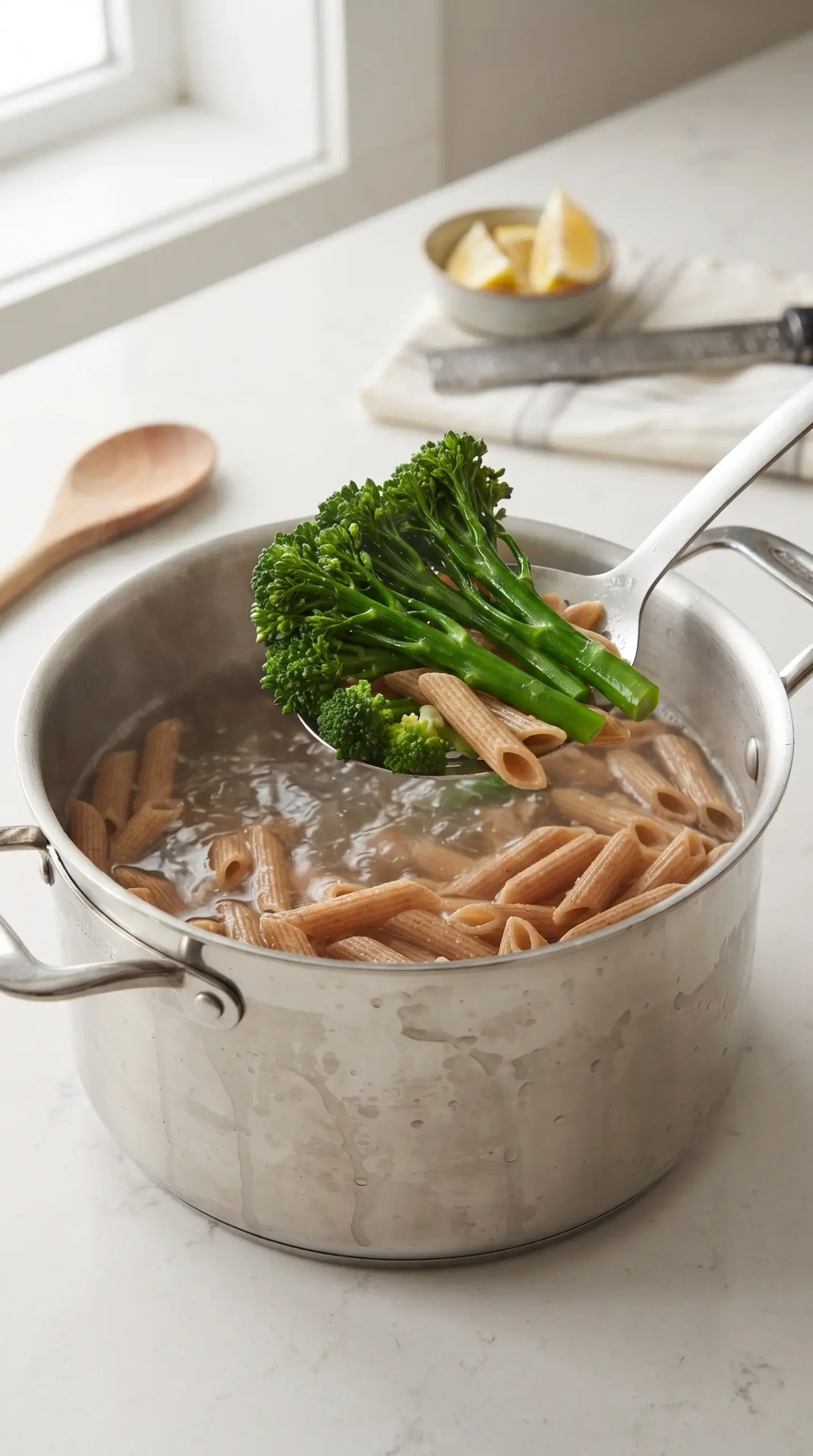 Baby broccoli and whole wheat penne cooking together in a pasta pot