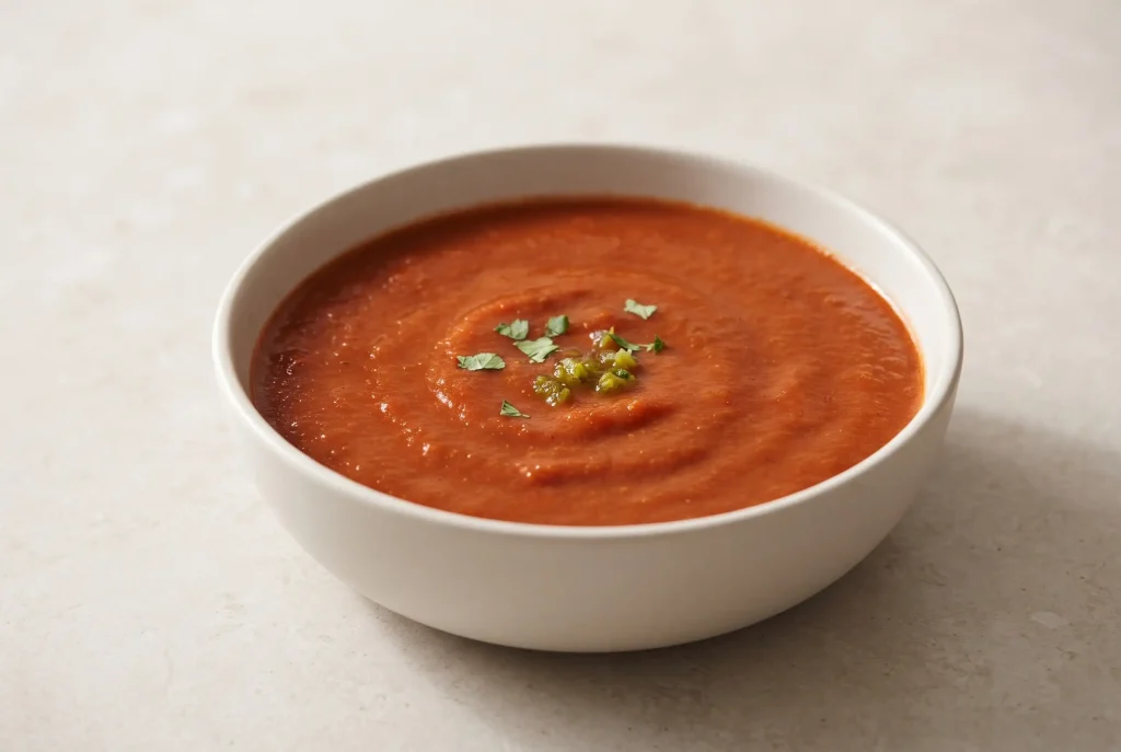 Smooth red-orange enchilada sauce in a ceramic bowl ready to serve