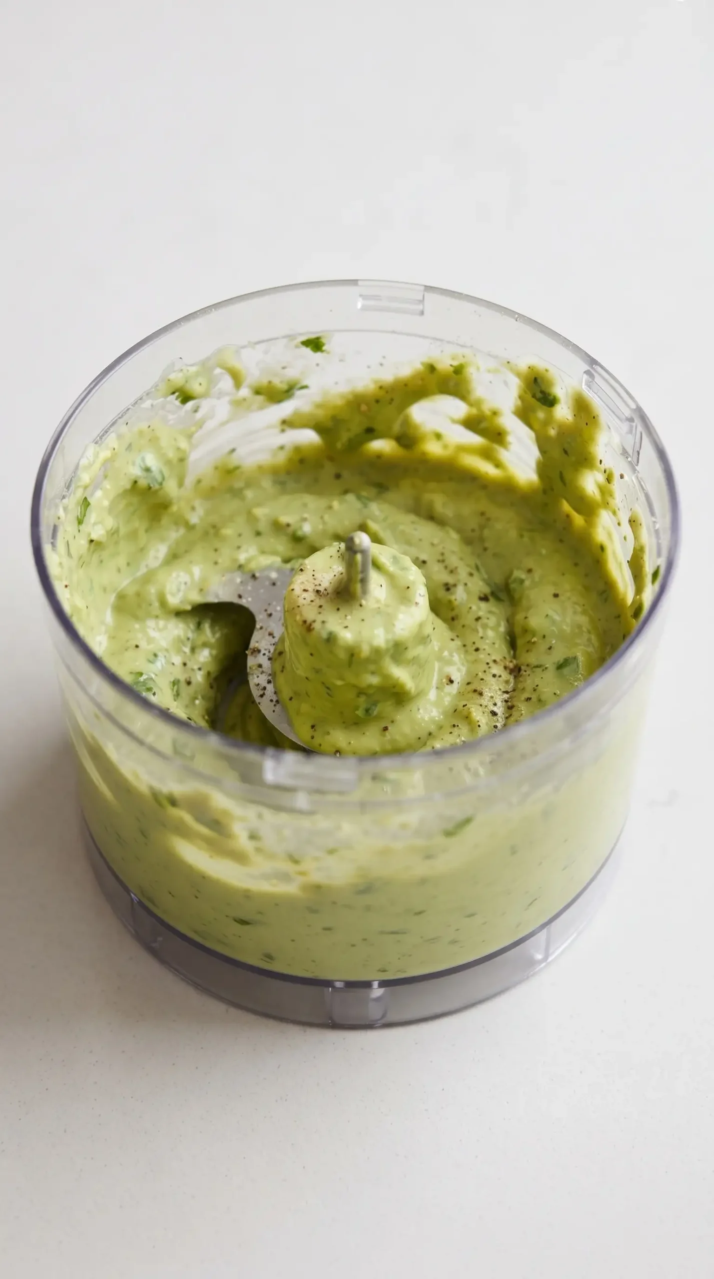 Food processor blending creamy green avocado cilantro dressing mixture