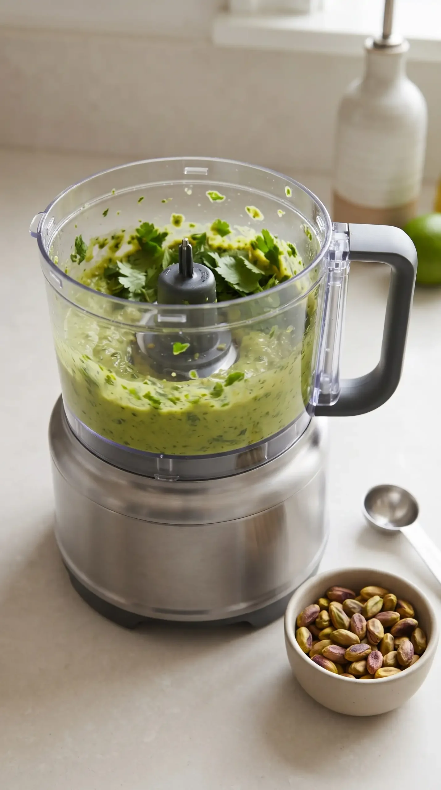 Food processor blending avocado, herbs, jalapeño, garlic, and lime for green sauce