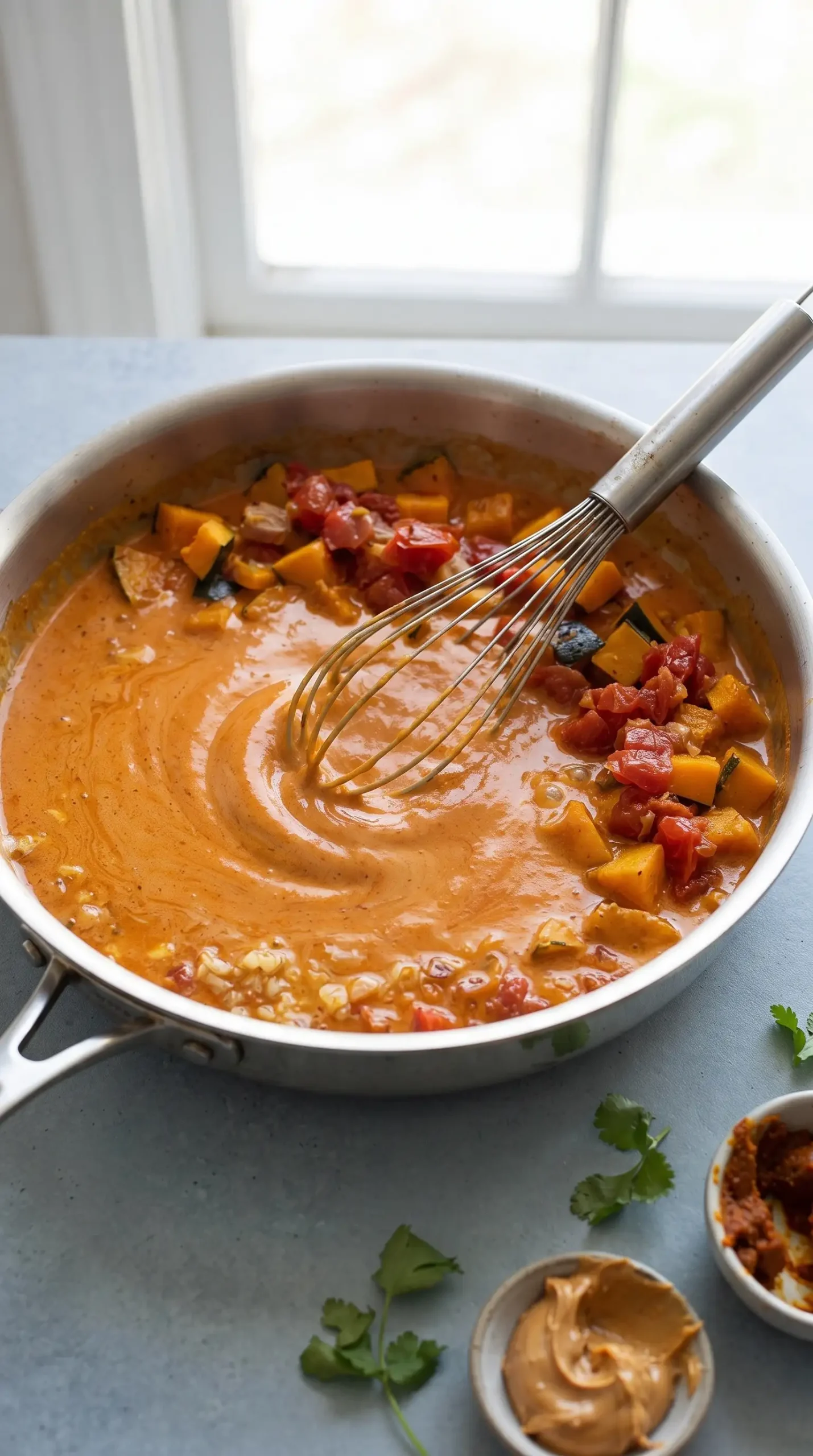 Coconut sauce being whisked with curry paste, peanut butter, garlic, and ginger in a skillet