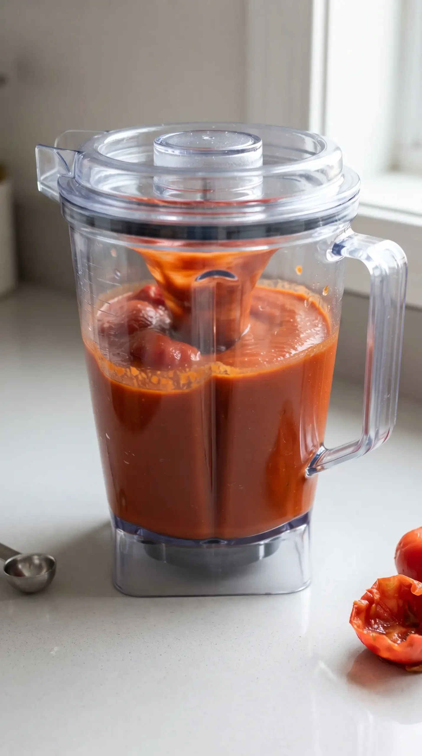 Blender jar mixing tomatoes, garlic, onion, and spices into enchilada sauce