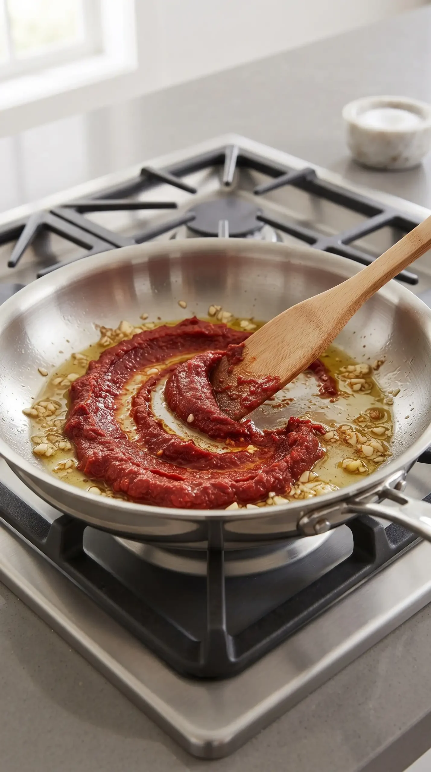 Tomato paste browning in olive oil with garlic in a skillet for vegan vodka pasta sauce