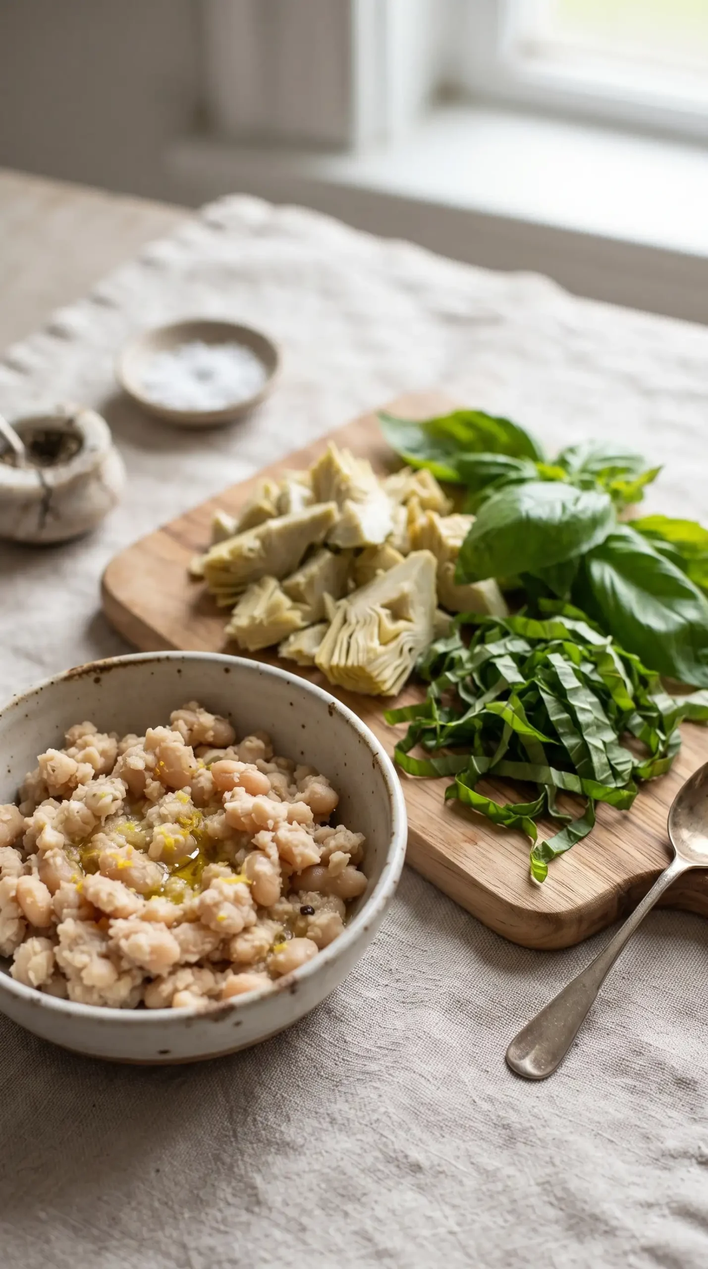 Chopped artichokes and basil leaves beside a prepared white bean mixture