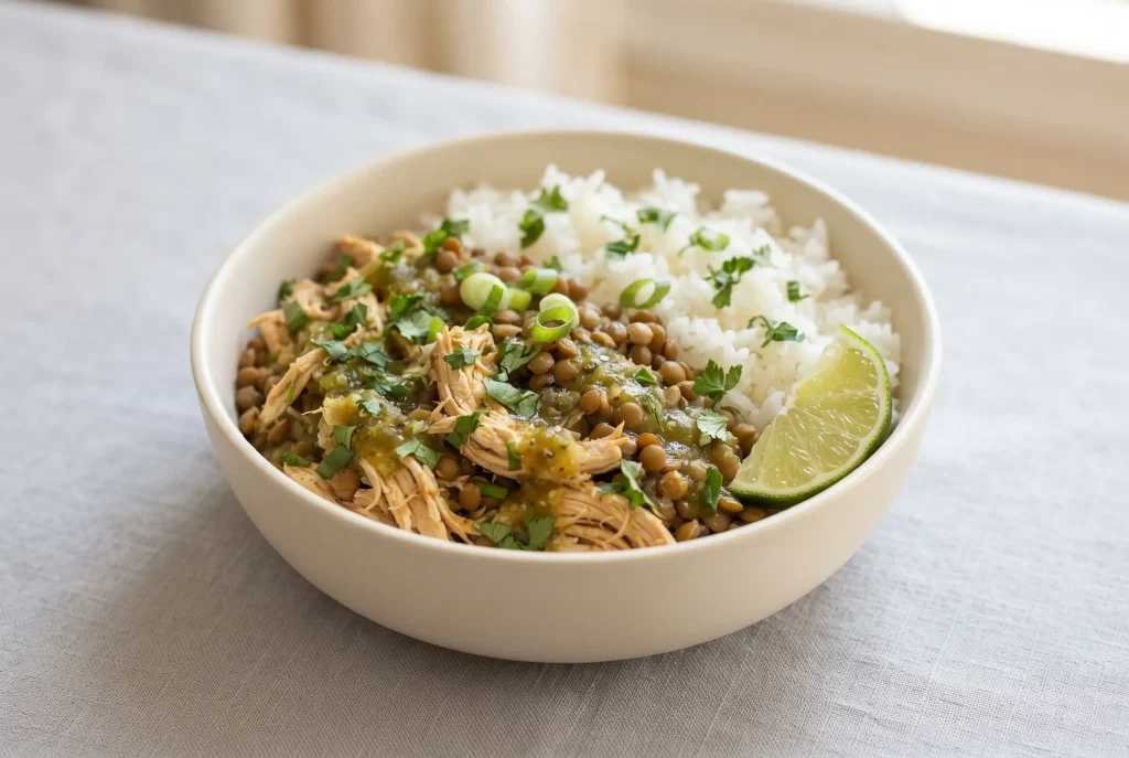 Cilantro lime chicken bowls with rice, lentils, salsa verde, cilantro, and lime