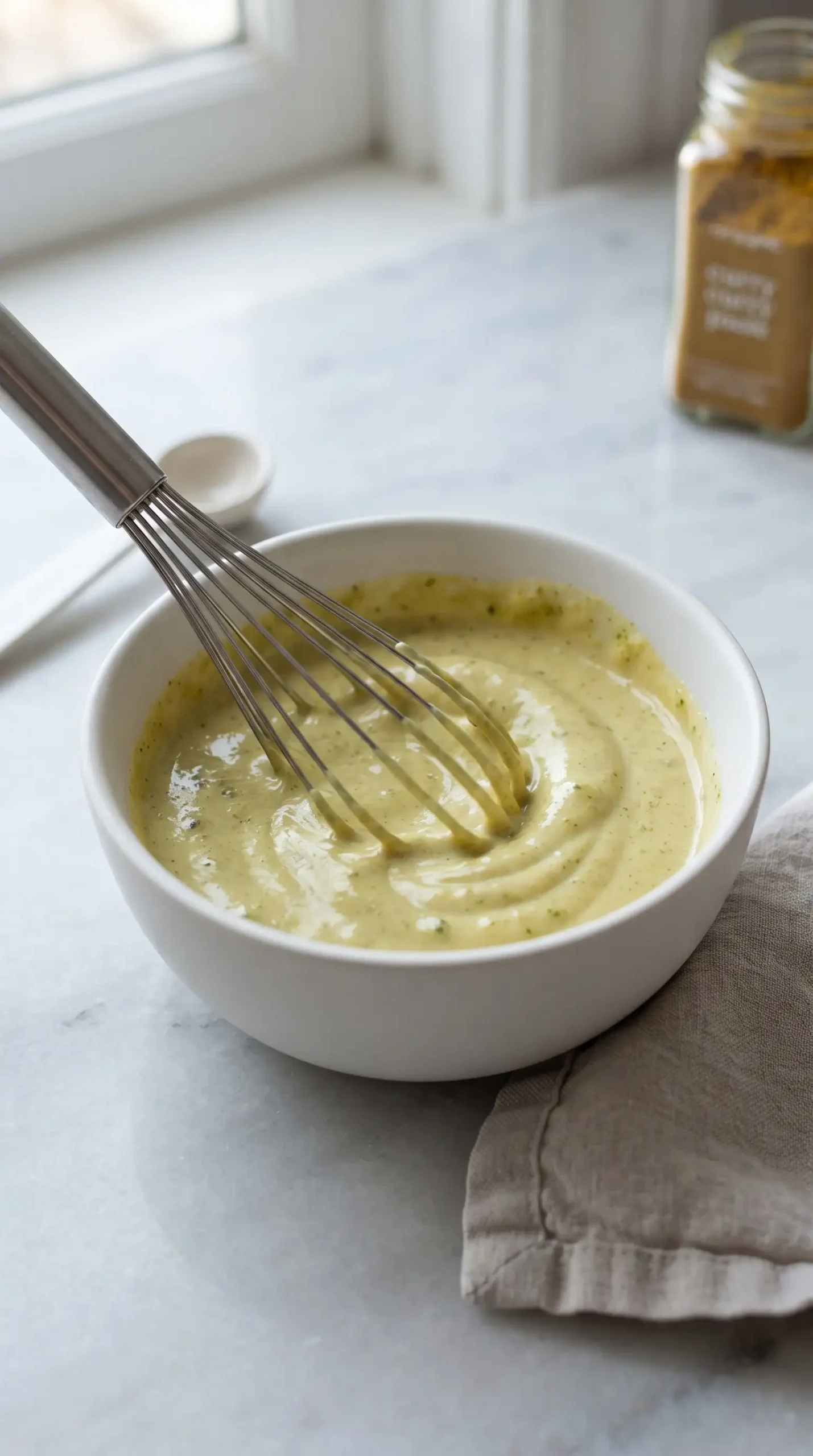 Coconut curry dressing being whisked with green curry paste and seasonings in a bowl