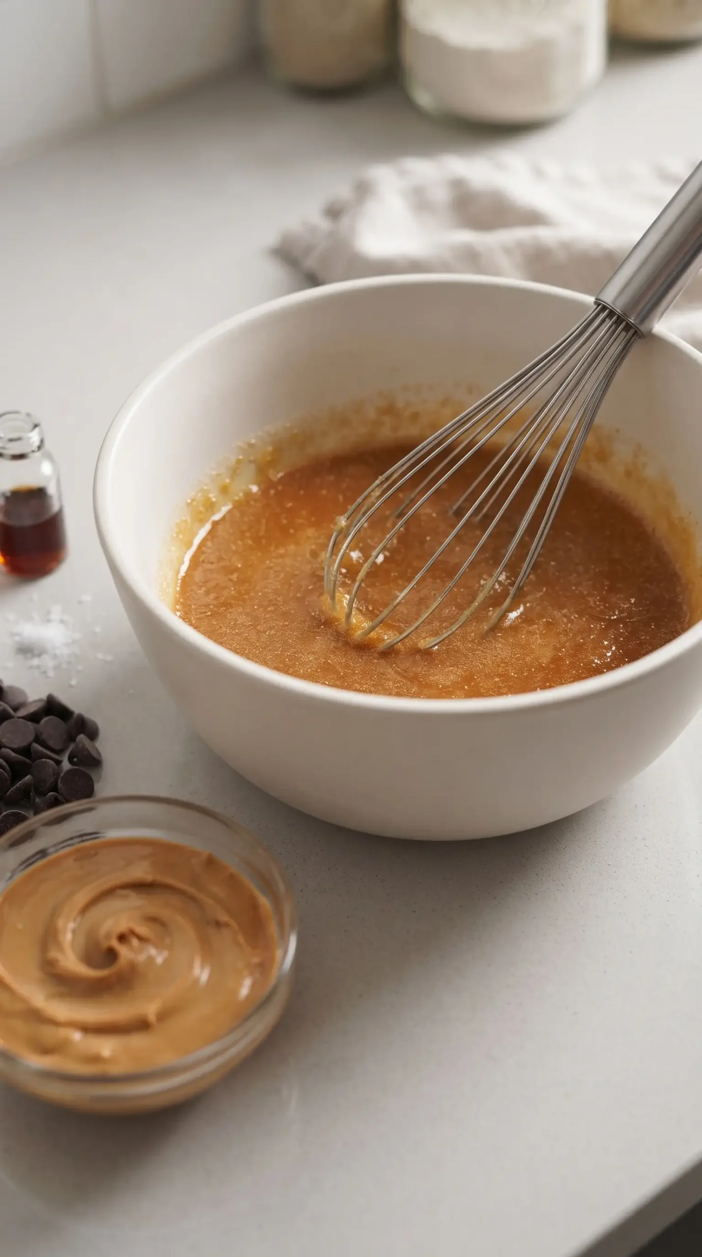 Coconut sugar, eggs, peanut butter, chocolate chips, vanilla, and salt prepared for cookie dough