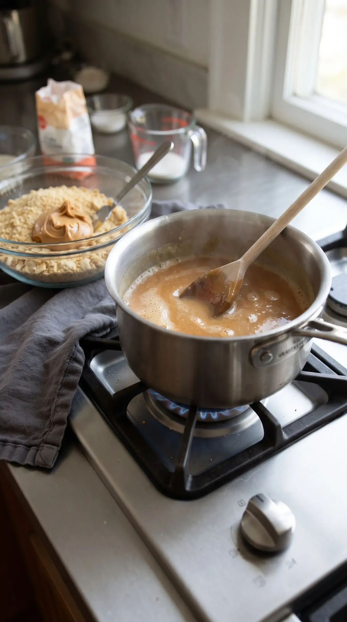 Sugar, milk, and butter mixture cooking for peanut butter fudge