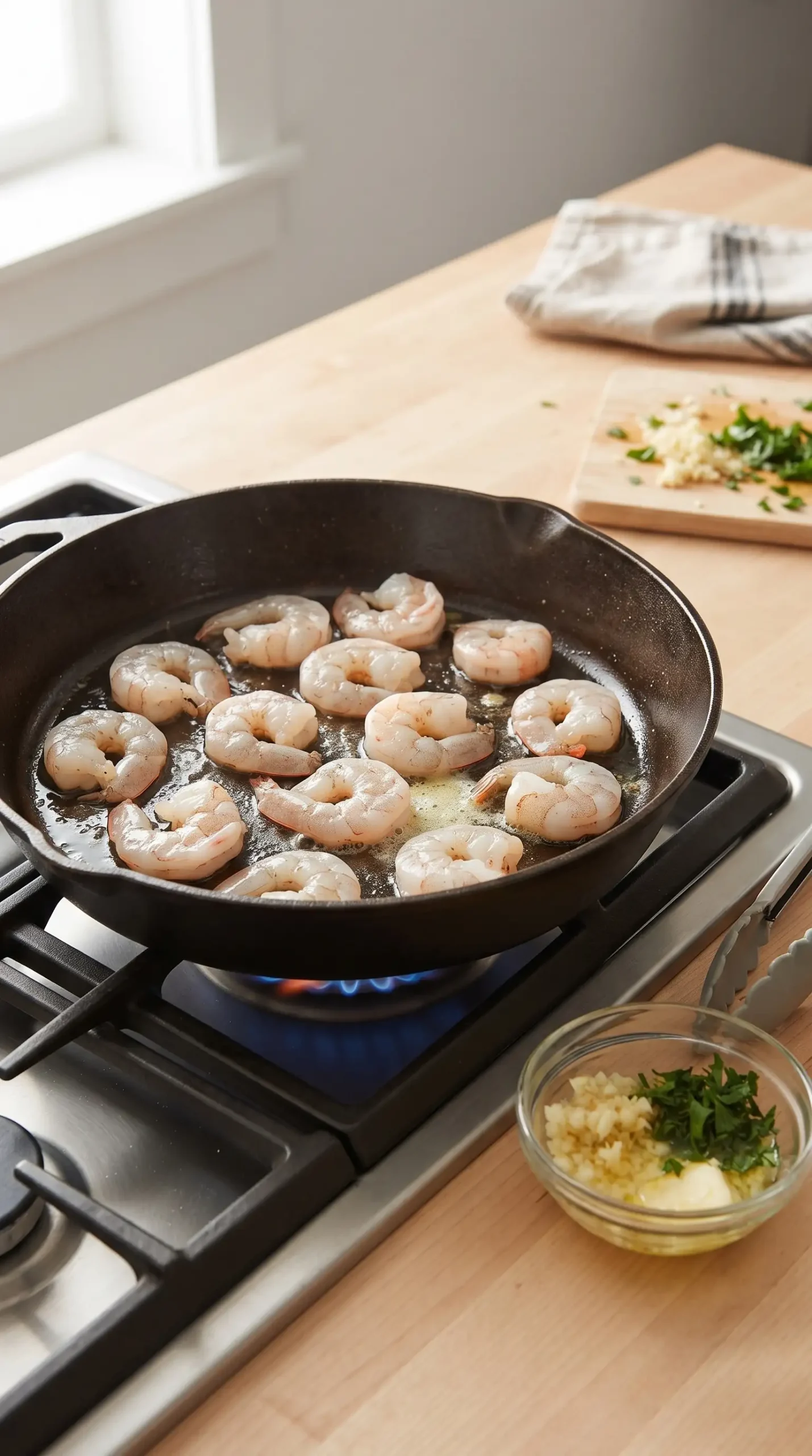 Peeled shrimp cooking in a skillet before adding garlic and butter for shrimp scampi