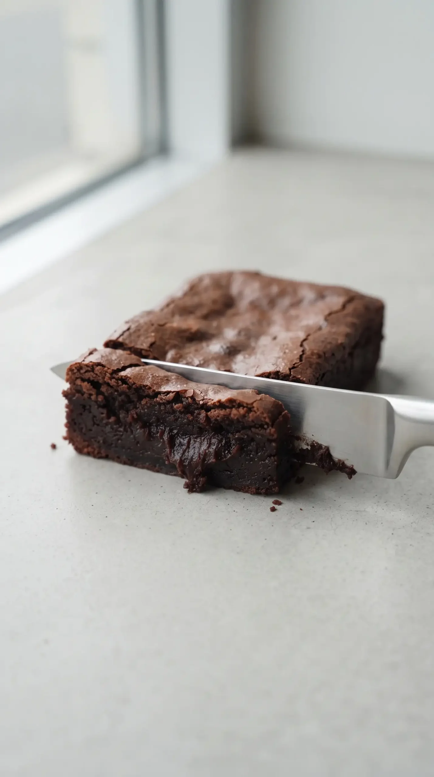Cut espresso brownie showing a dense fudgy center and baked edges