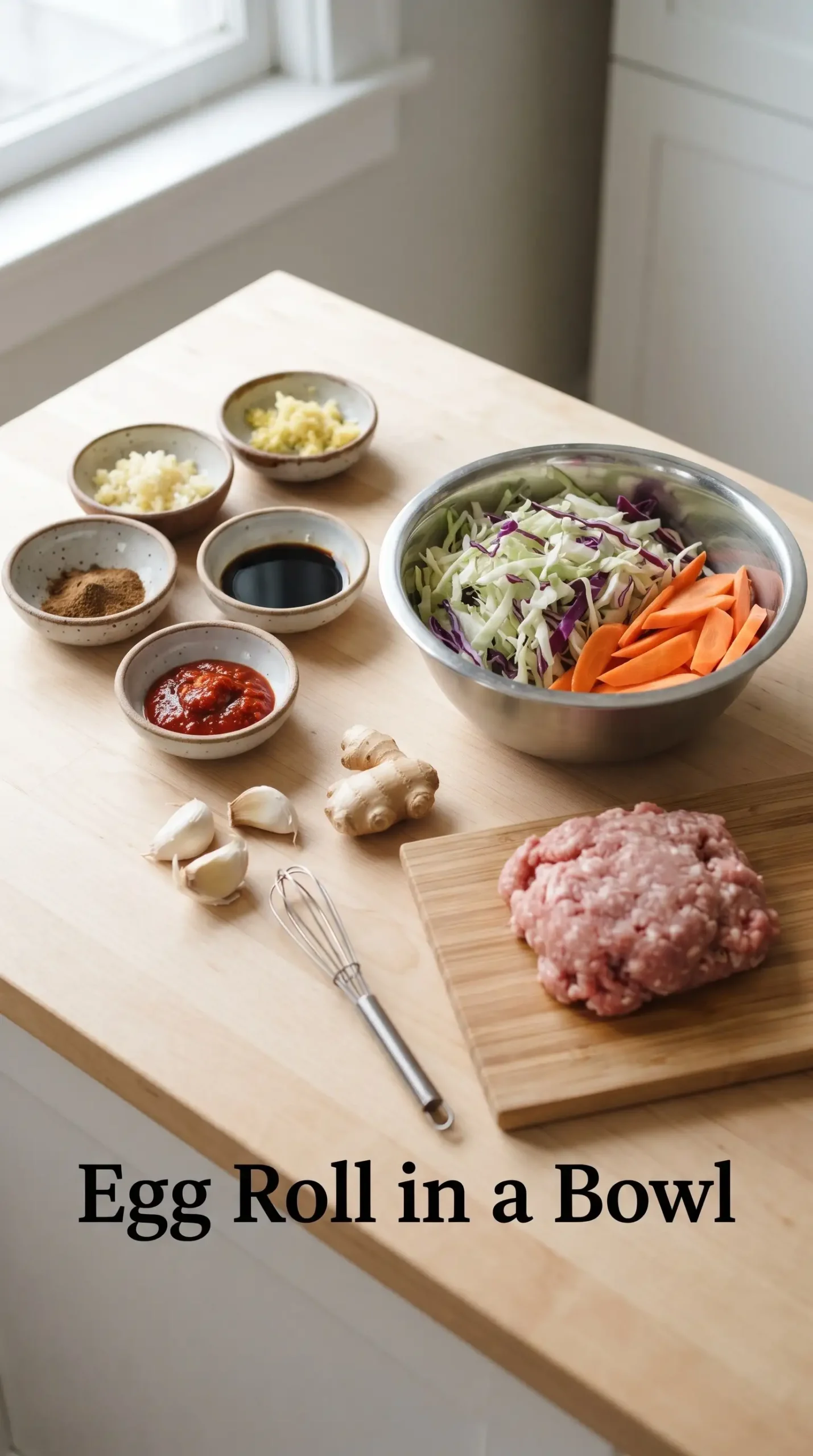 Prepared garlic, ginger, spices, sauces, cabbage, carrots, and pork for egg roll in a bowl