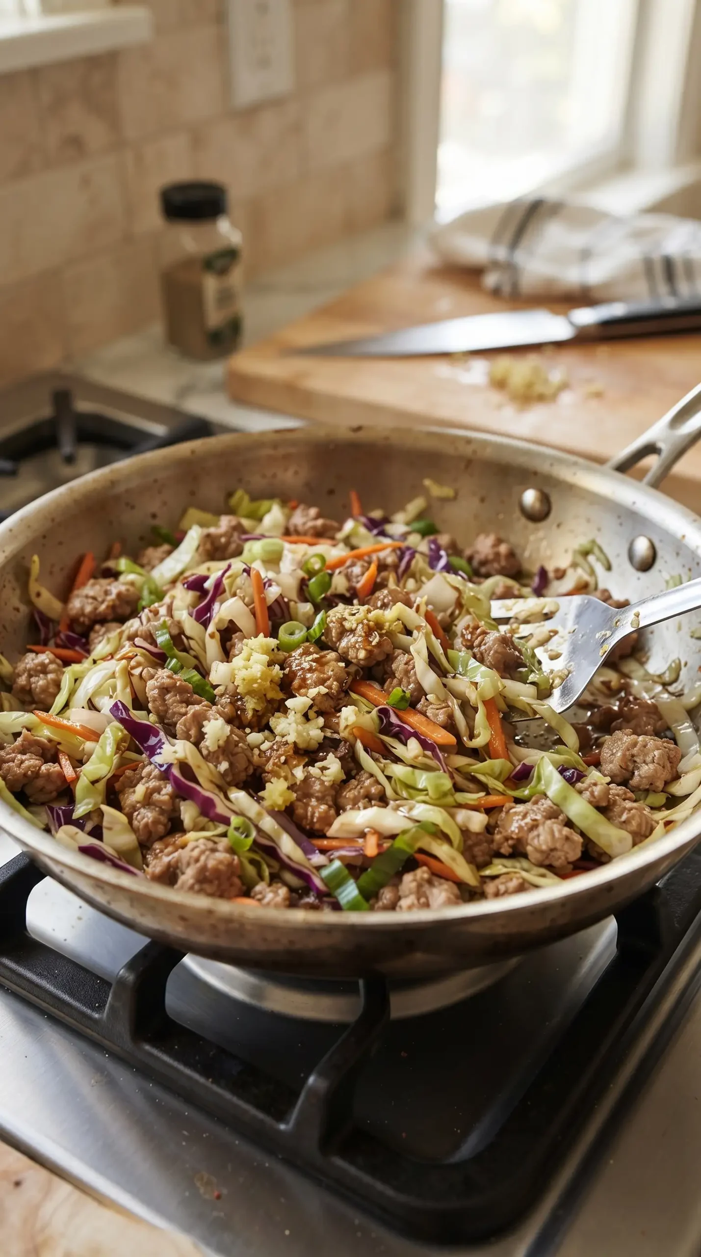 Ground pork, cabbage, and carrots cooking together in a skillet for egg roll in a bowl