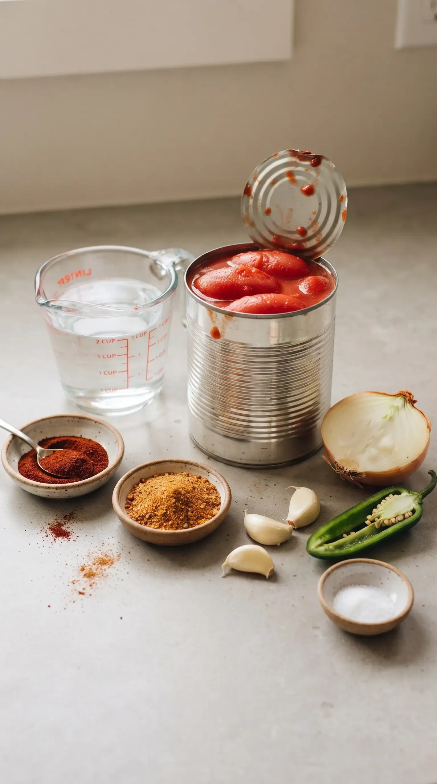 Whole peeled tomatoes and seasonings prepared for enchilada sauce