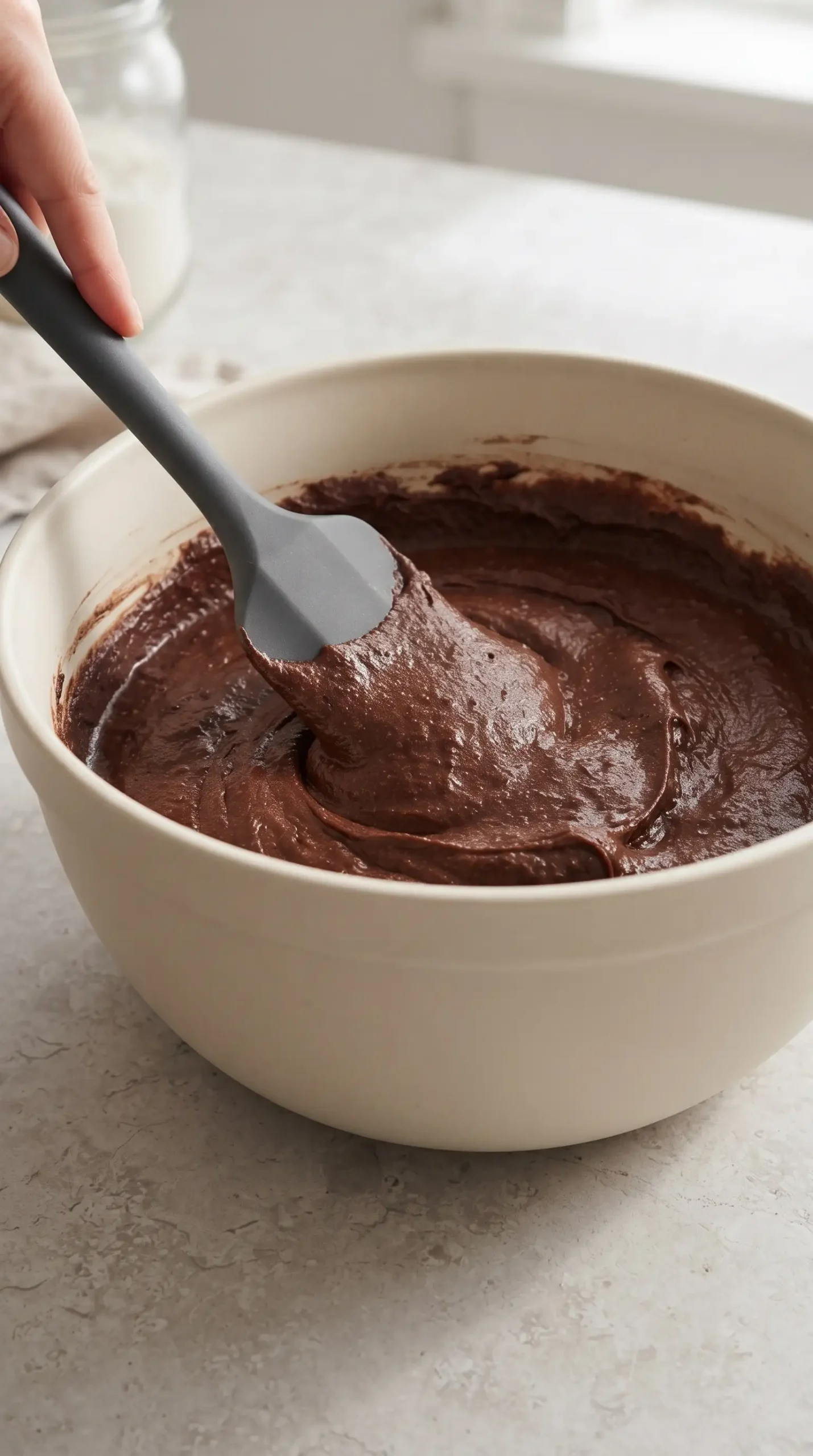 Thick chocolate espresso brownie batter being mixed in a bowl