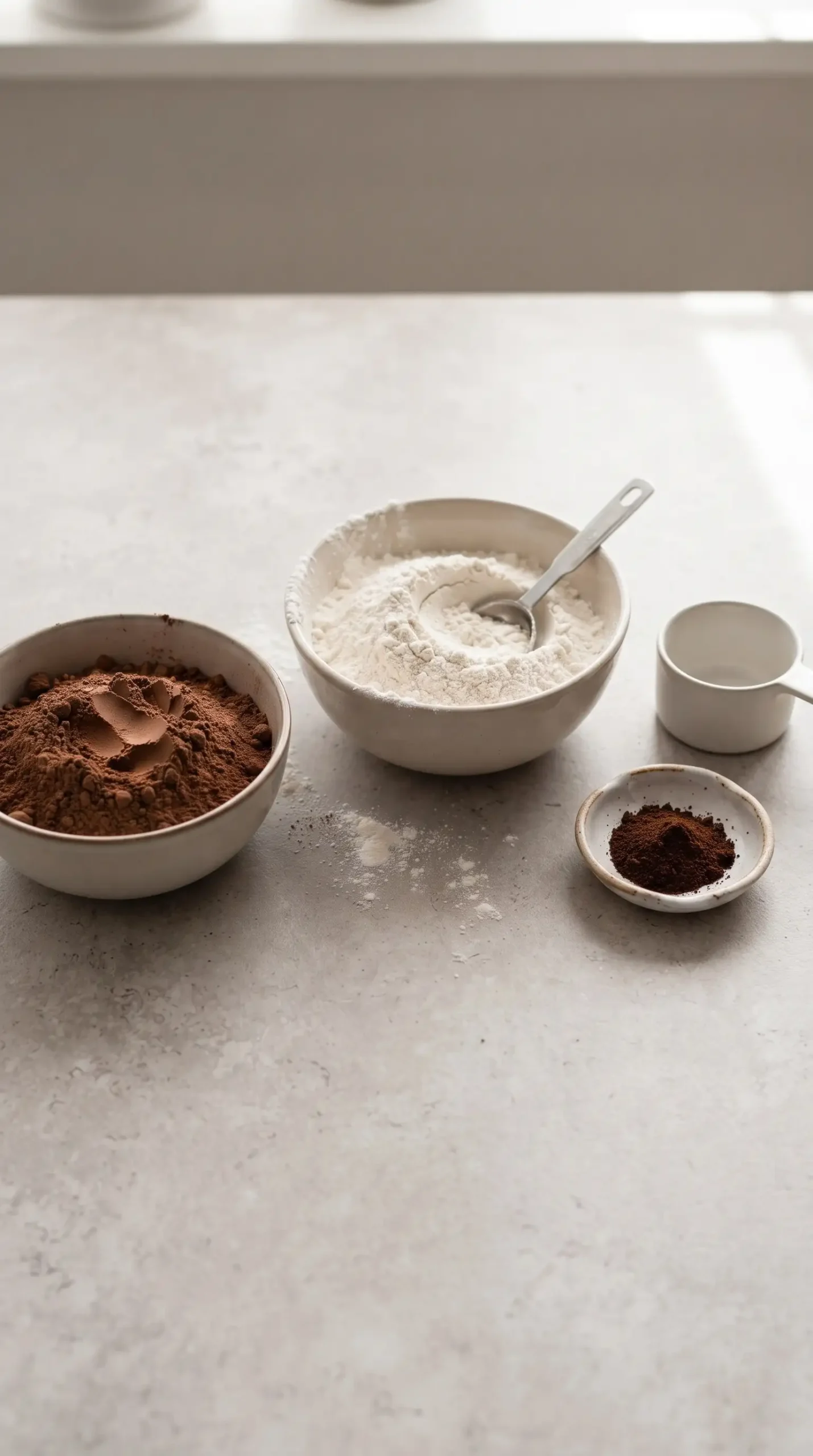 Bowls of cocoa powder, flour, and espresso powder for espresso brownies