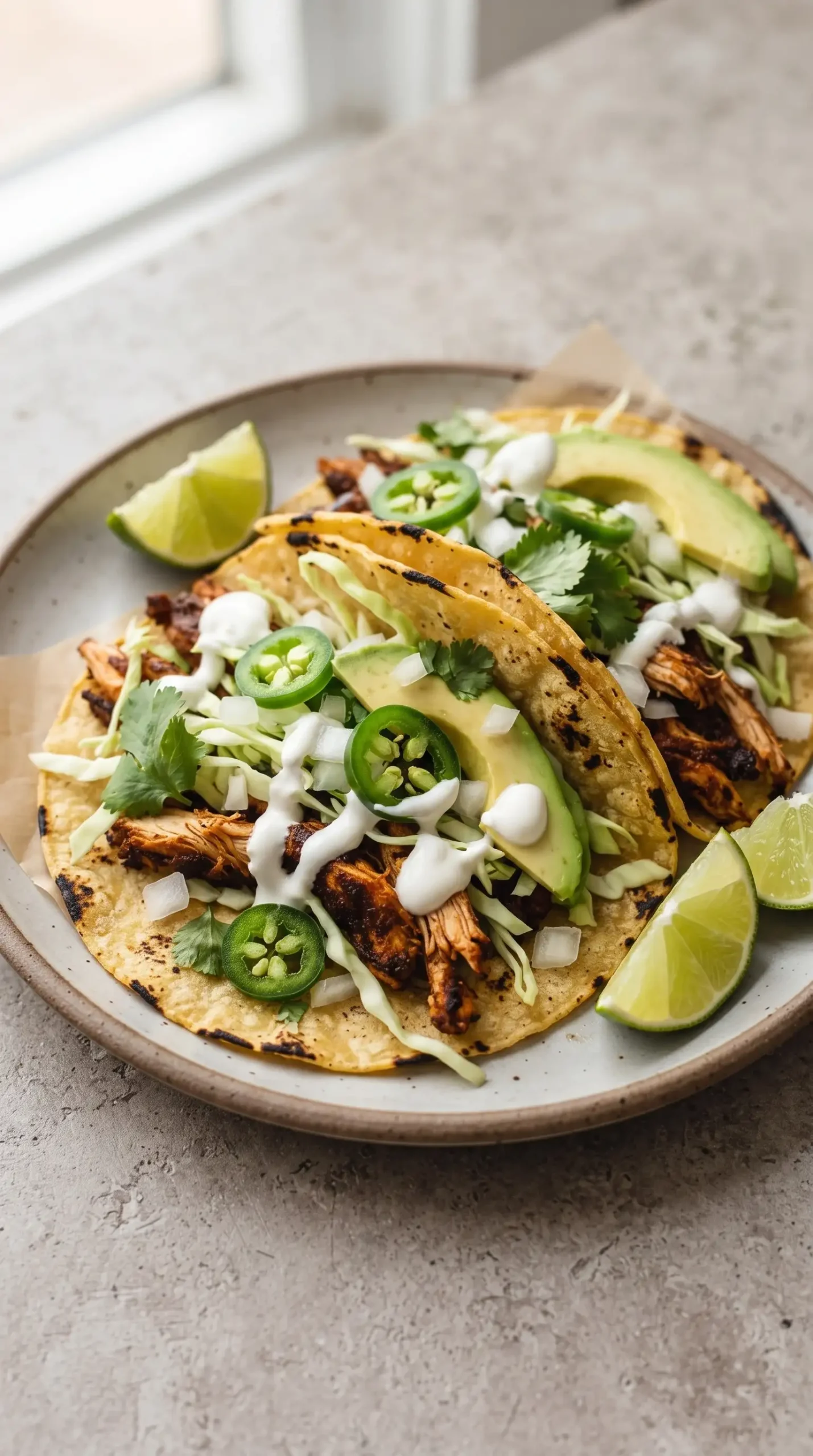 Finished ancho chicken tacos with corn tortillas, cabbage, cilantro, avocado, and lime