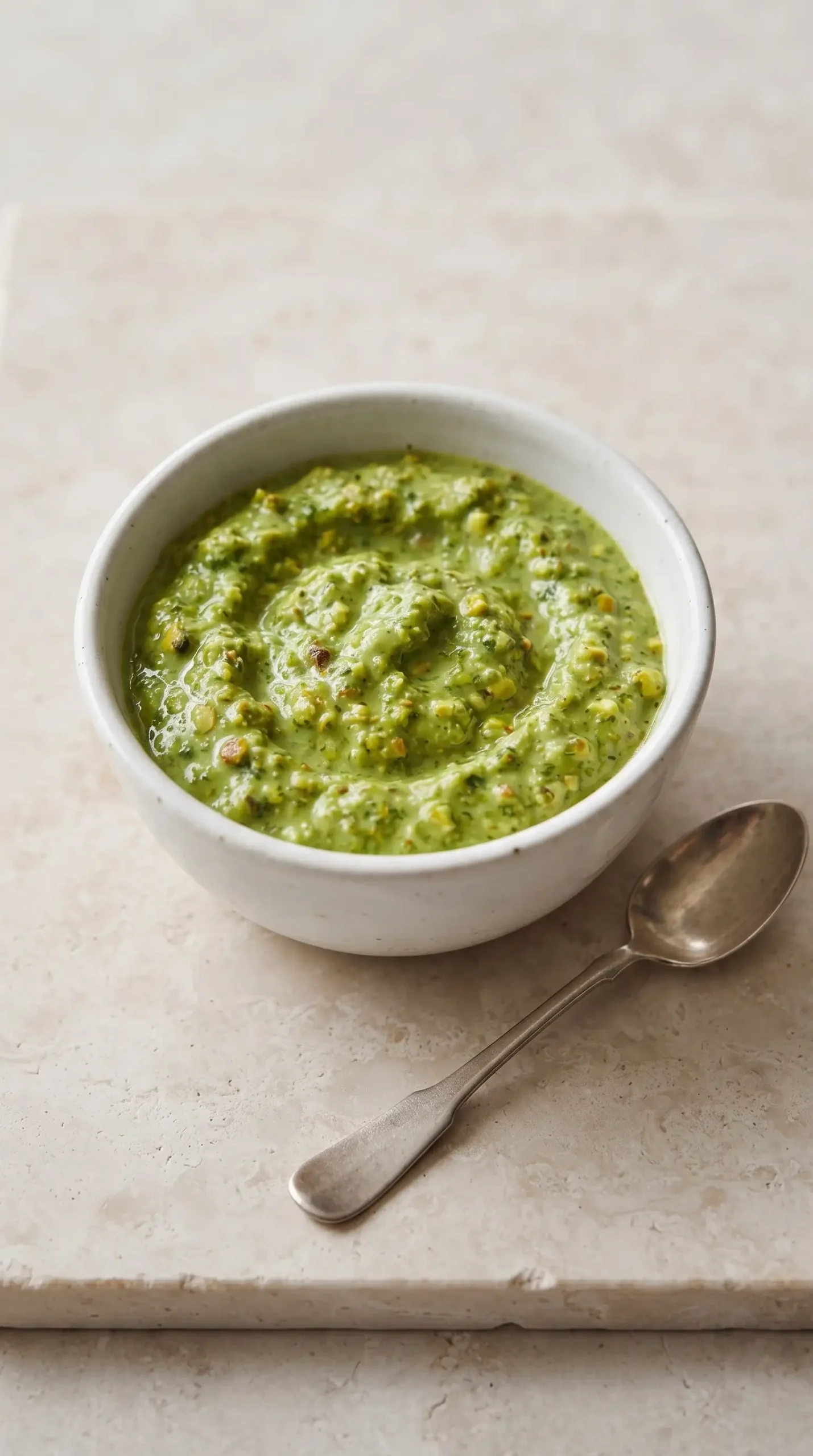 Thick avocado green sauce with pistachio pieces served in a white bowl
