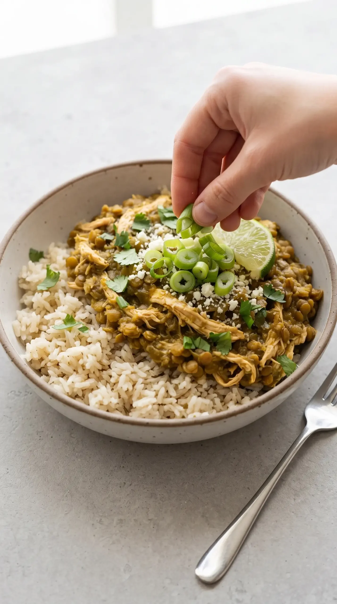 Finished cilantro lime chicken bowl topped with cilantro, green onions, and lime