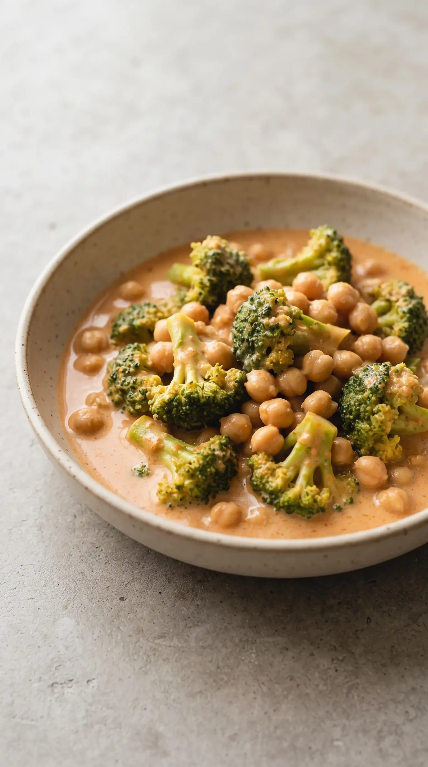 Finished coconut curry with broccoli and chickpeas in creamy sauce