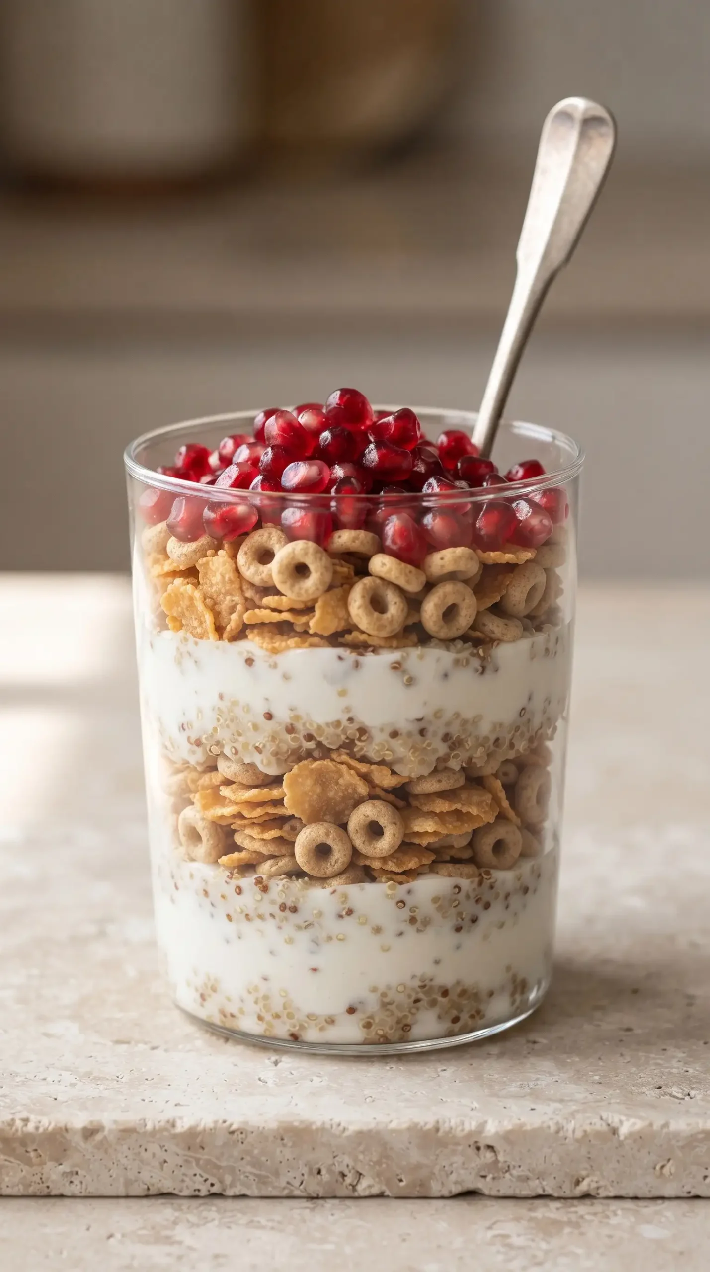 Finished honey yogurt parfait with quinoa, cereal, and pomegranate layers