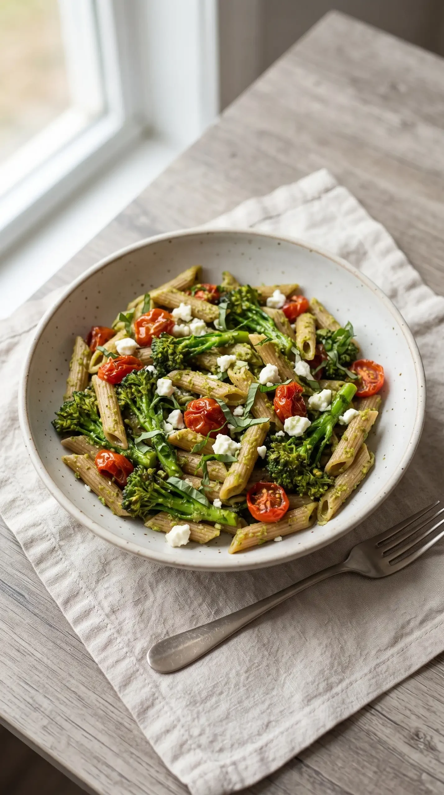 Finished lemon pesto penne with baby broccoli, roasted tomatoes, feta, and basil
