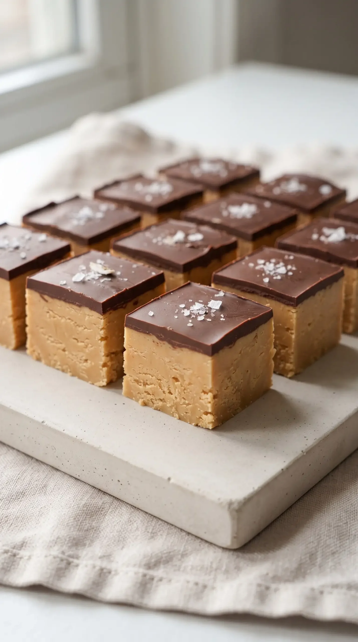 Cut peanut butter fudge squares with chocolate topping and sea salt