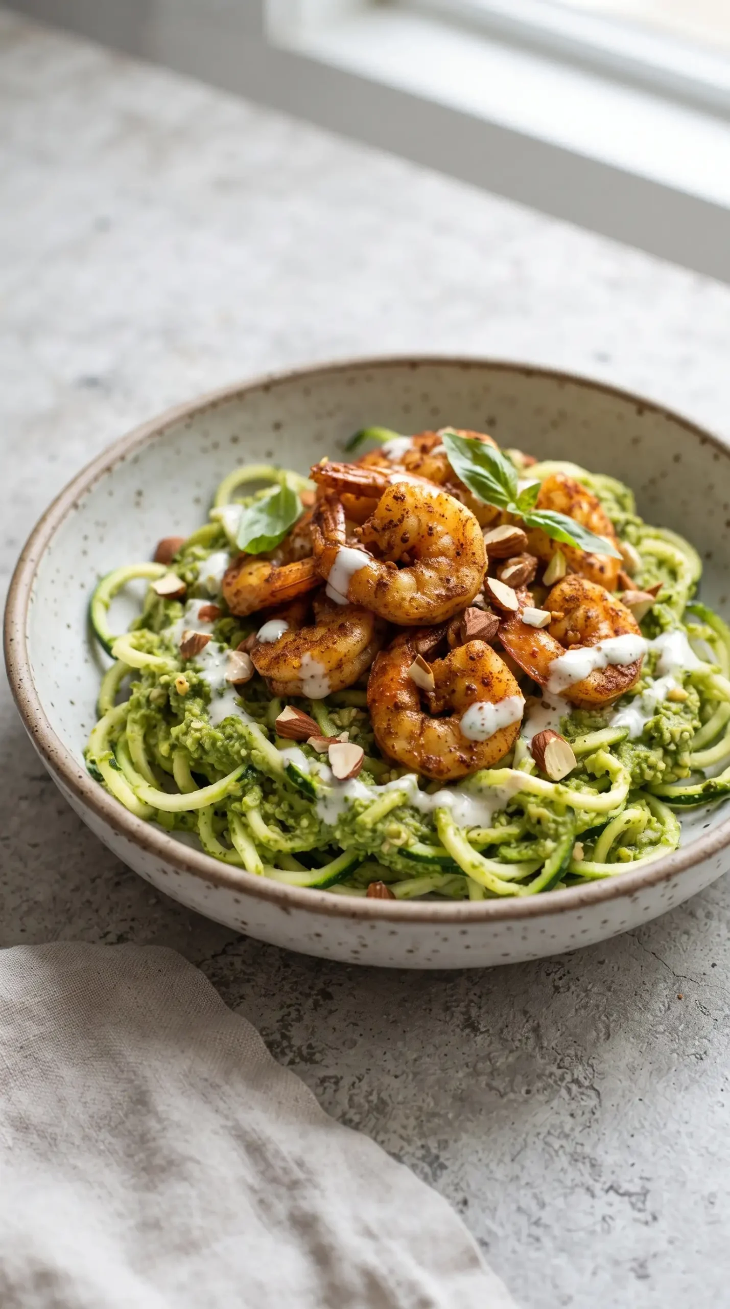 Bowl of shrimp pesto noodles with zucchini noodles and spiced shrimp