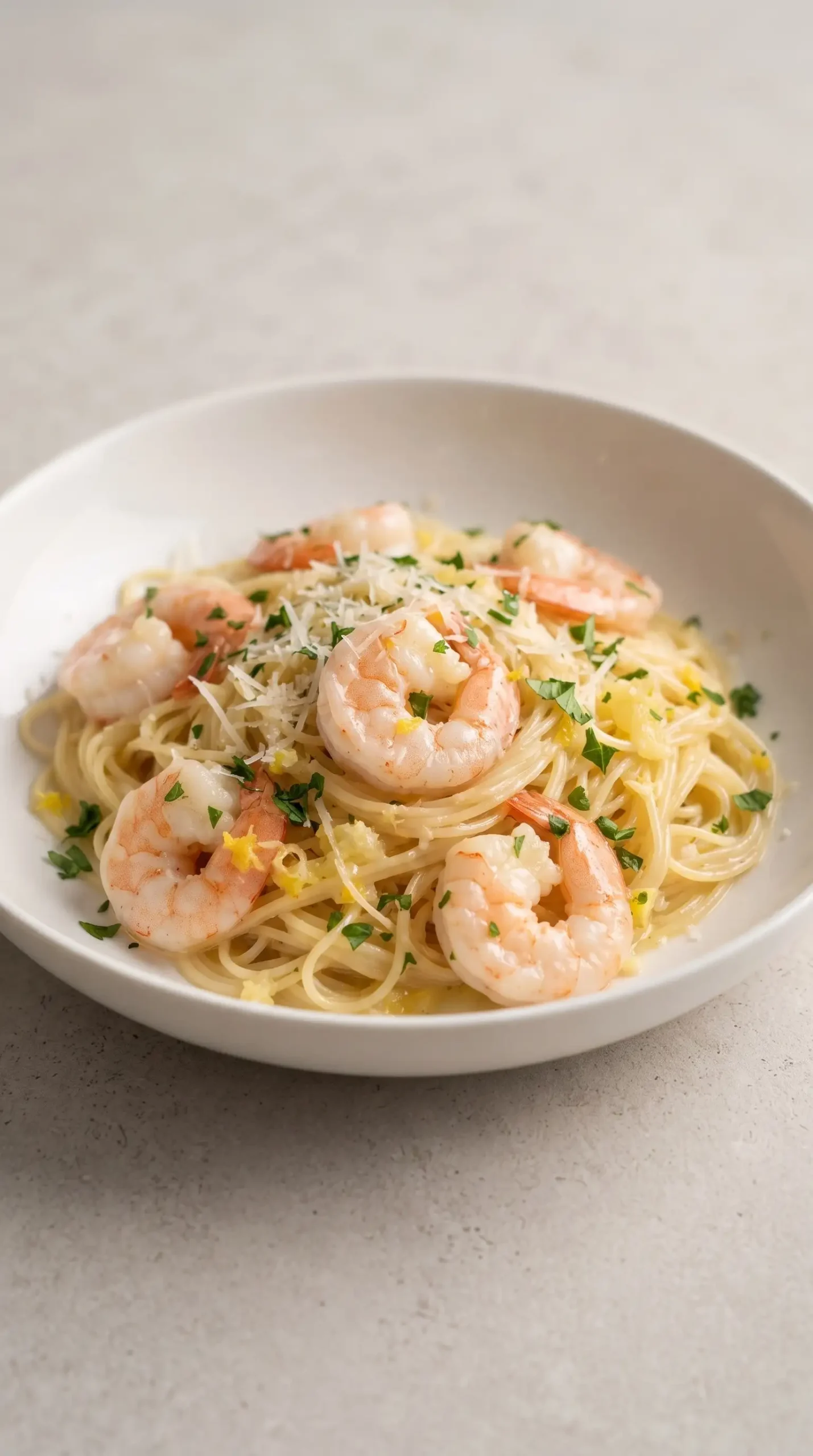 Finished shrimp scampi with garlic lemon pasta topped with parsley and Parmesan