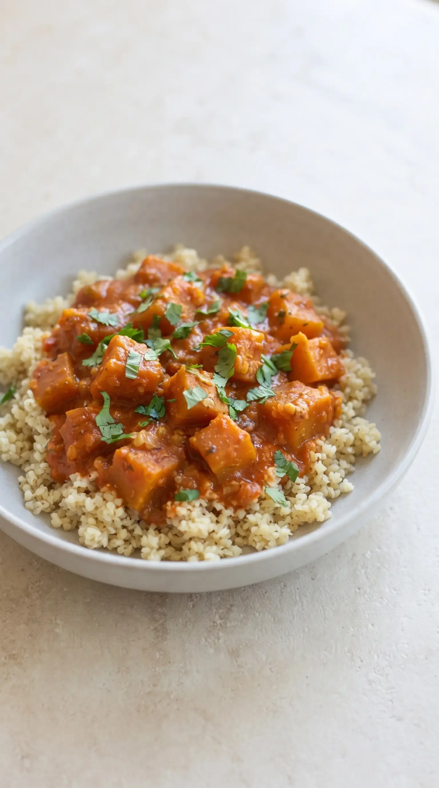 Finished squash coconut curry with bulgur, tomato sauce, and cilantro in a bowl