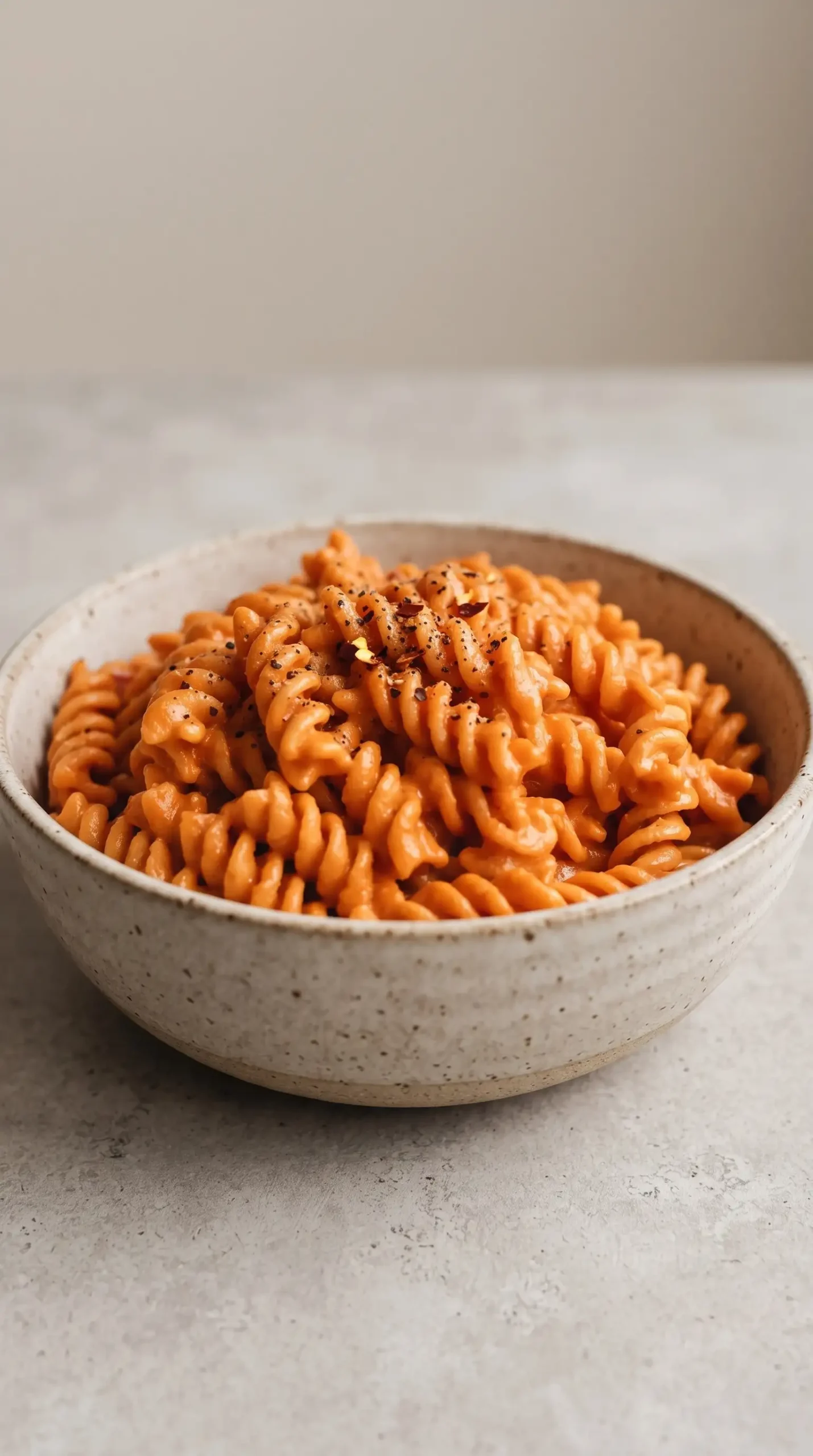 Bowl of vegan vodka pasta with creamy tomato sauce, black pepper, and red pepper flakes